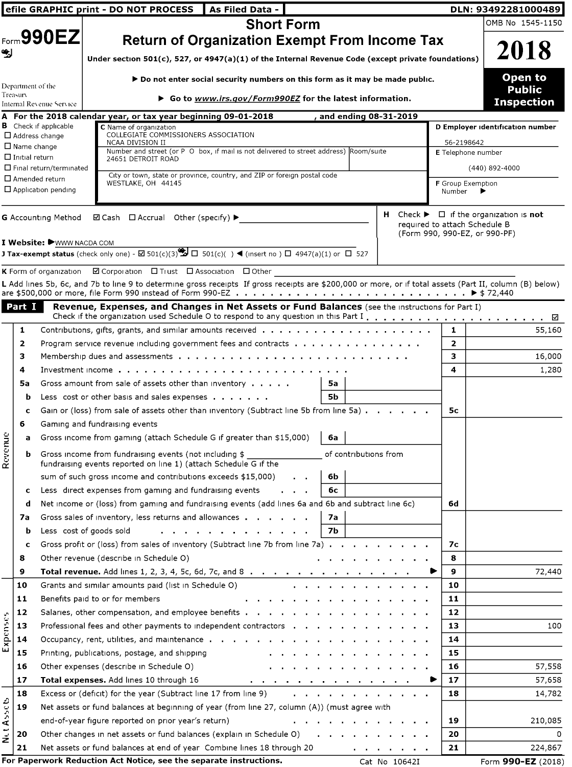 Image of first page of 2018 Form 990EZ for Collegiate Commissioners Association NCAA Division II