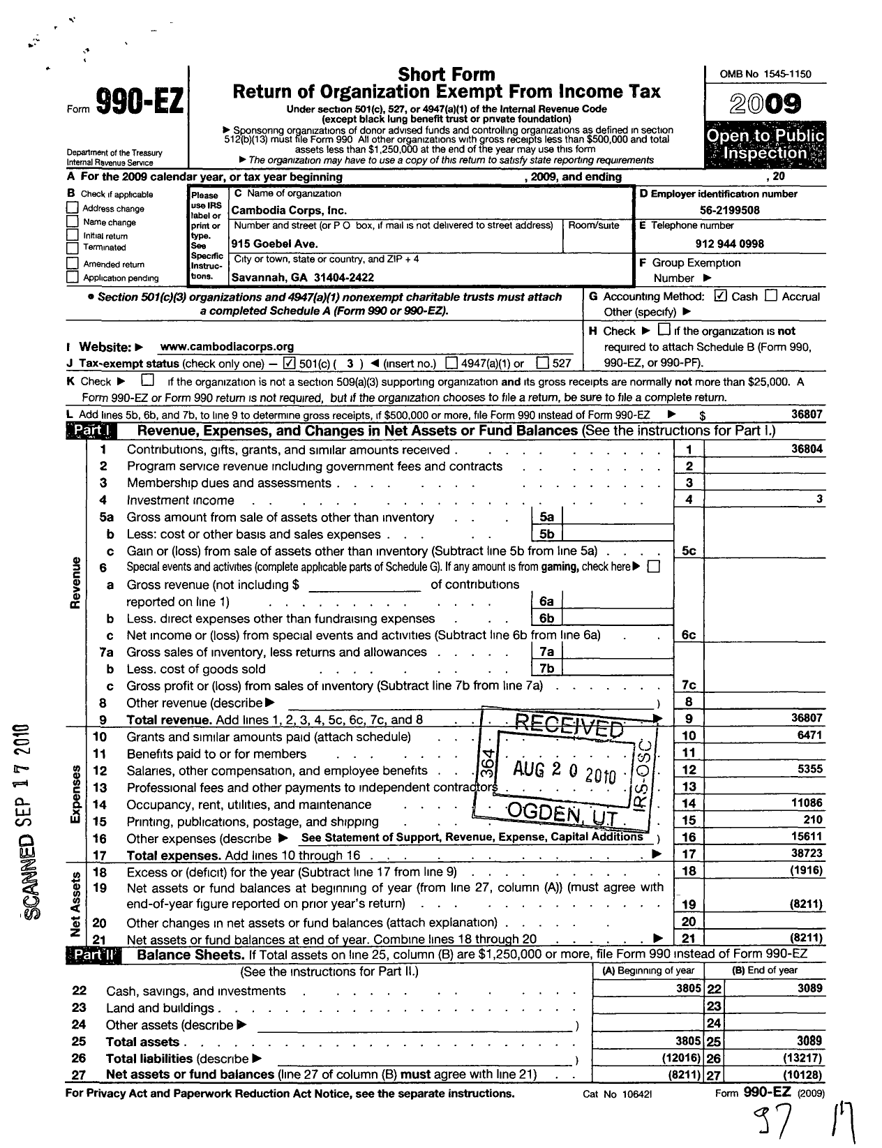 Image of first page of 2009 Form 990EZ for Cambodia Corps