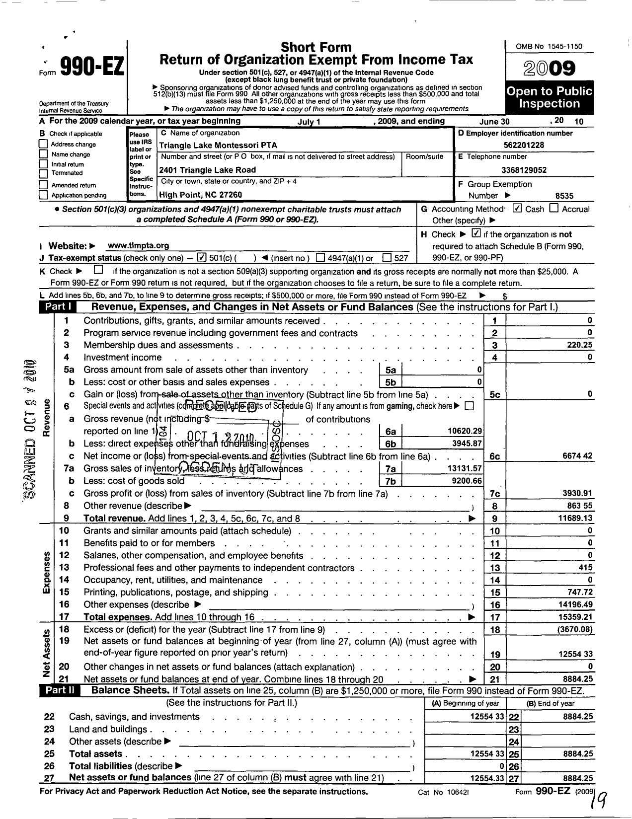 Image of first page of 2009 Form 990EO for North Carolina PTA - Triangle Lake Montessori PTA