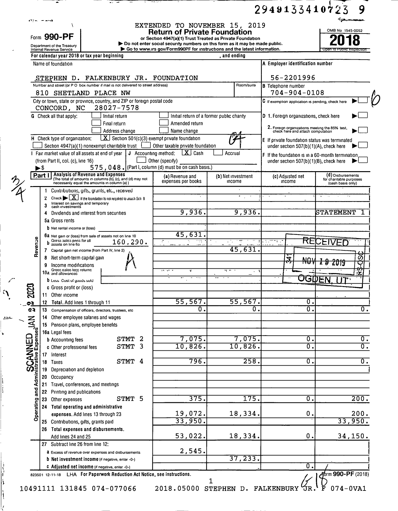 Image of first page of 2018 Form 990PF for Stephen D Falkenbury JR Foundation