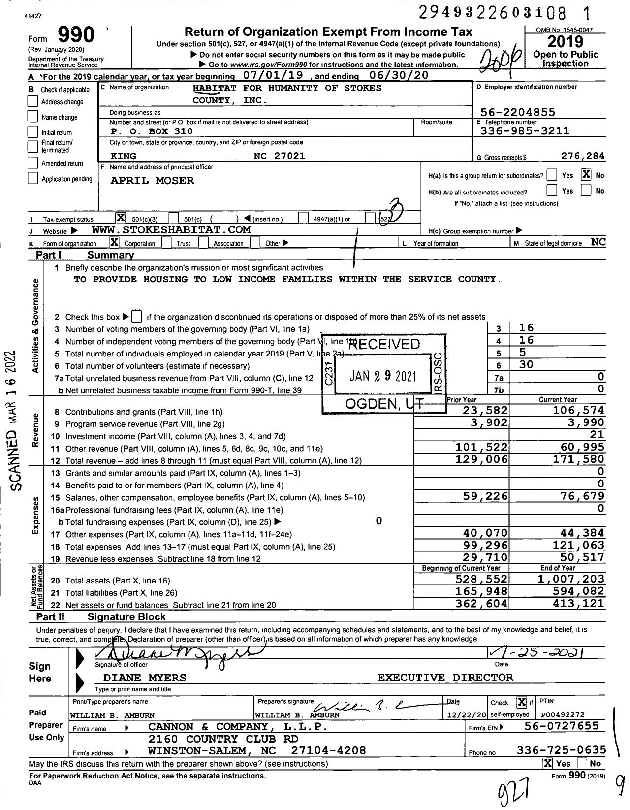 Image of first page of 2019 Form 990 for Habitat for Humanity - HFH of Stokes County