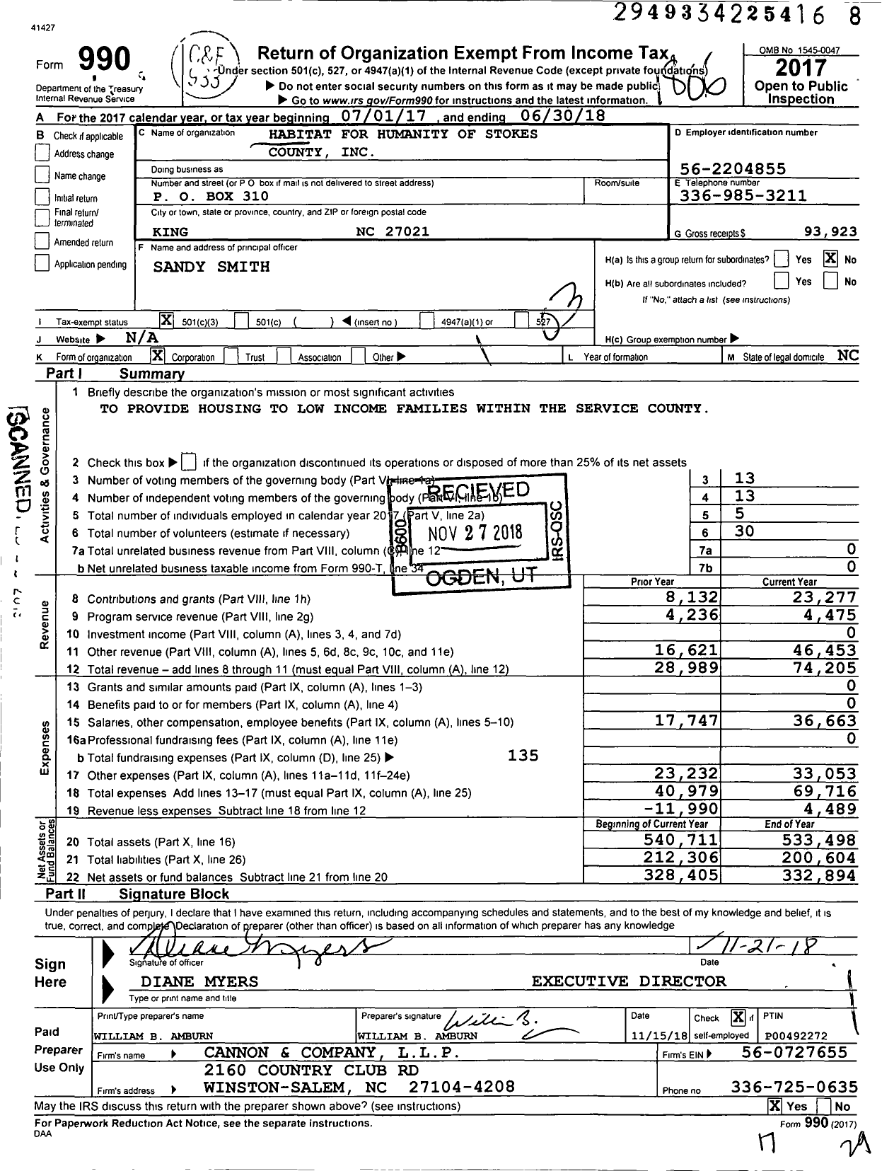 Image of first page of 2017 Form 990 for Habitat for Humanity - HFH of Stokes County
