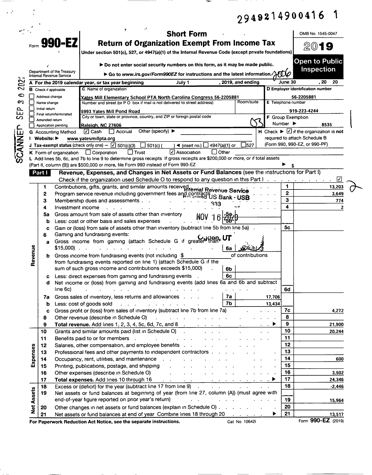 Image of first page of 2019 Form 990EZ for North Carolina PTA - Yates Mill Elementary School