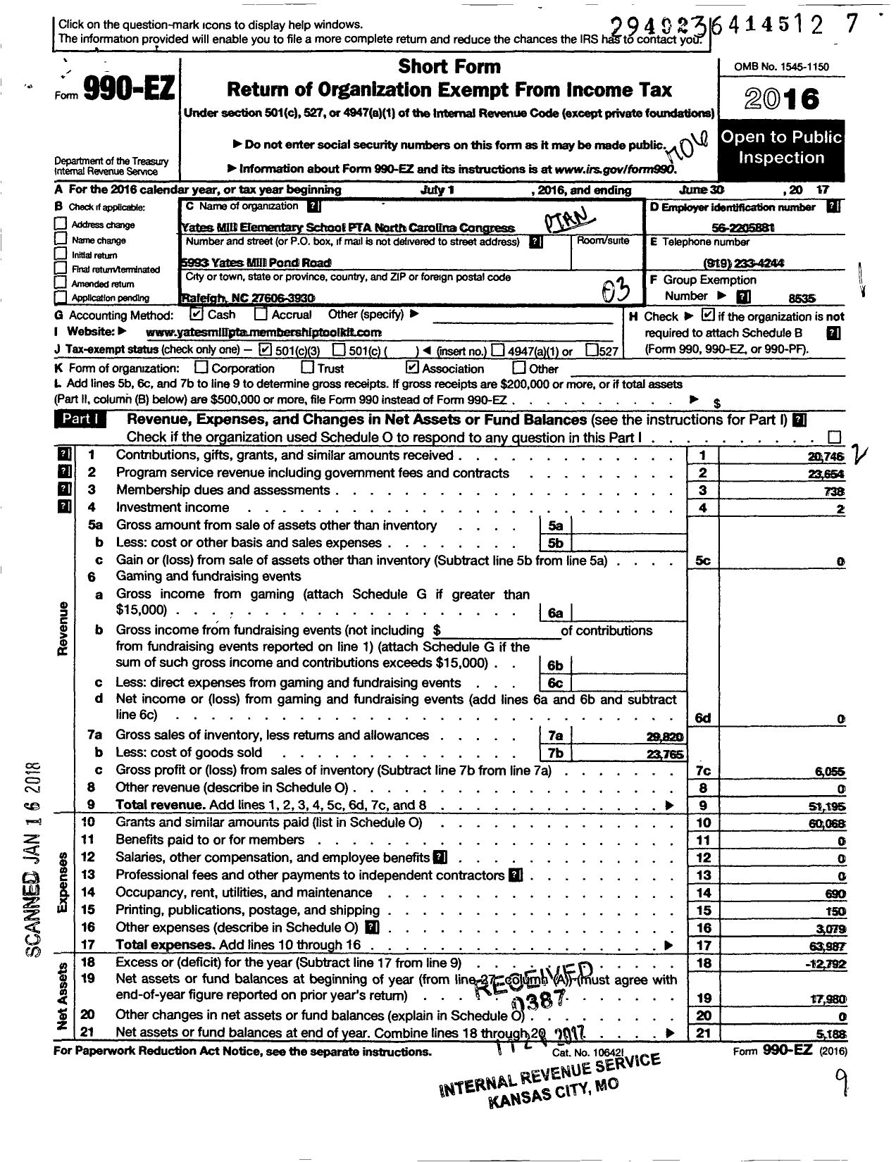 Image of first page of 2016 Form 990EZ for North Carolina PTA - Yates Mill Elementary School