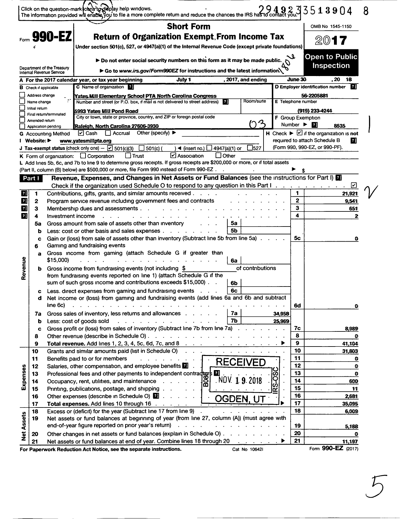 Image of first page of 2017 Form 990EZ for North Carolina PTA - Yates Mill Elementary School