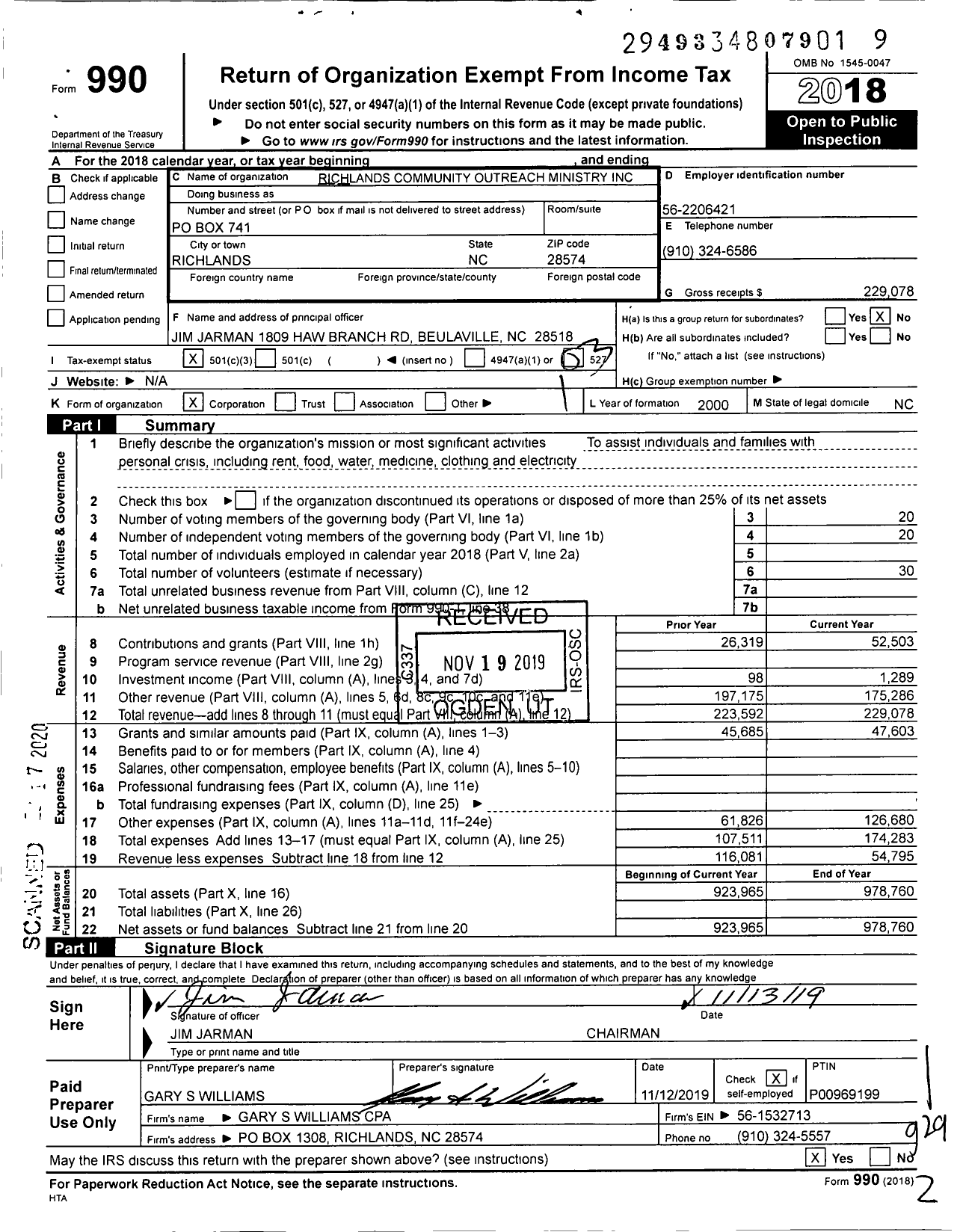 Image of first page of 2018 Form 990 for Richlands Community Outreach Ministry