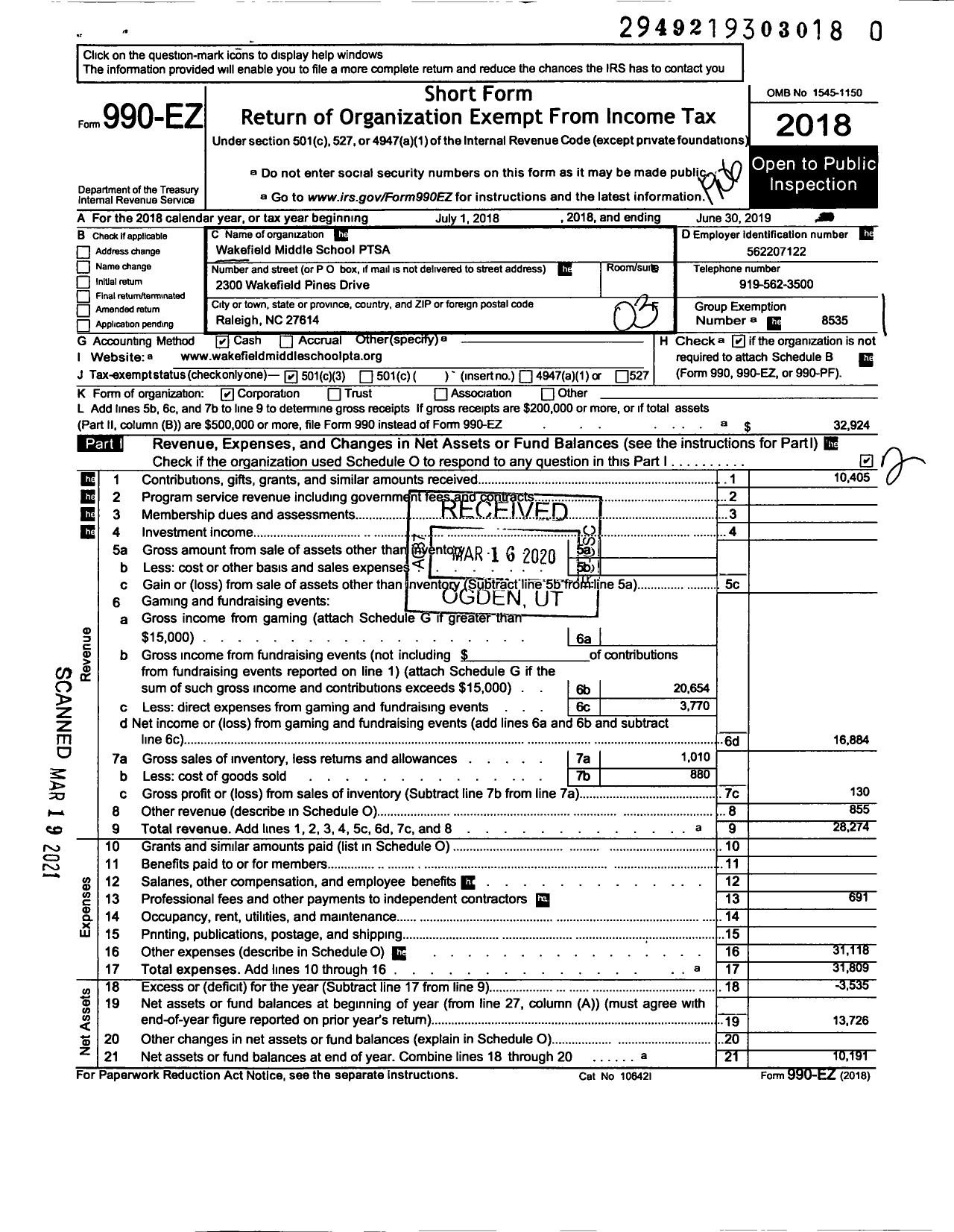 Image of first page of 2018 Form 990EZ for North Carolina PTA - Wakefield Middle School