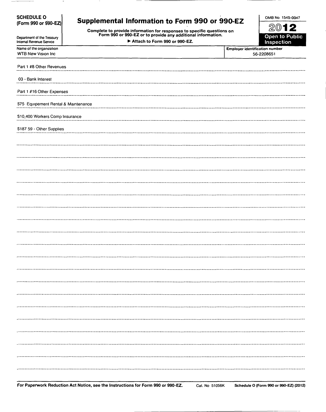 Image of first page of 2012 Form 990EZ for Wtb-New Vision