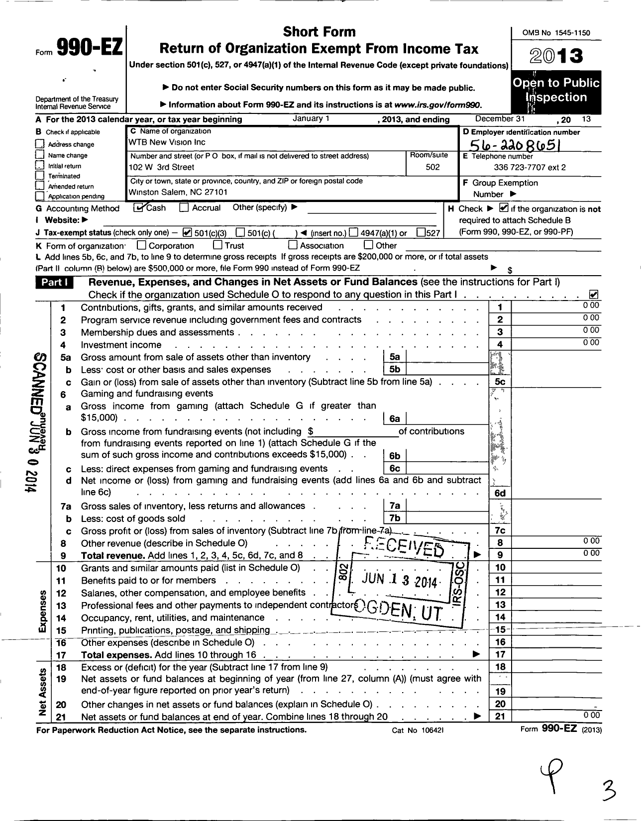 Image of first page of 2013 Form 990EZ for Wtb-New Vision