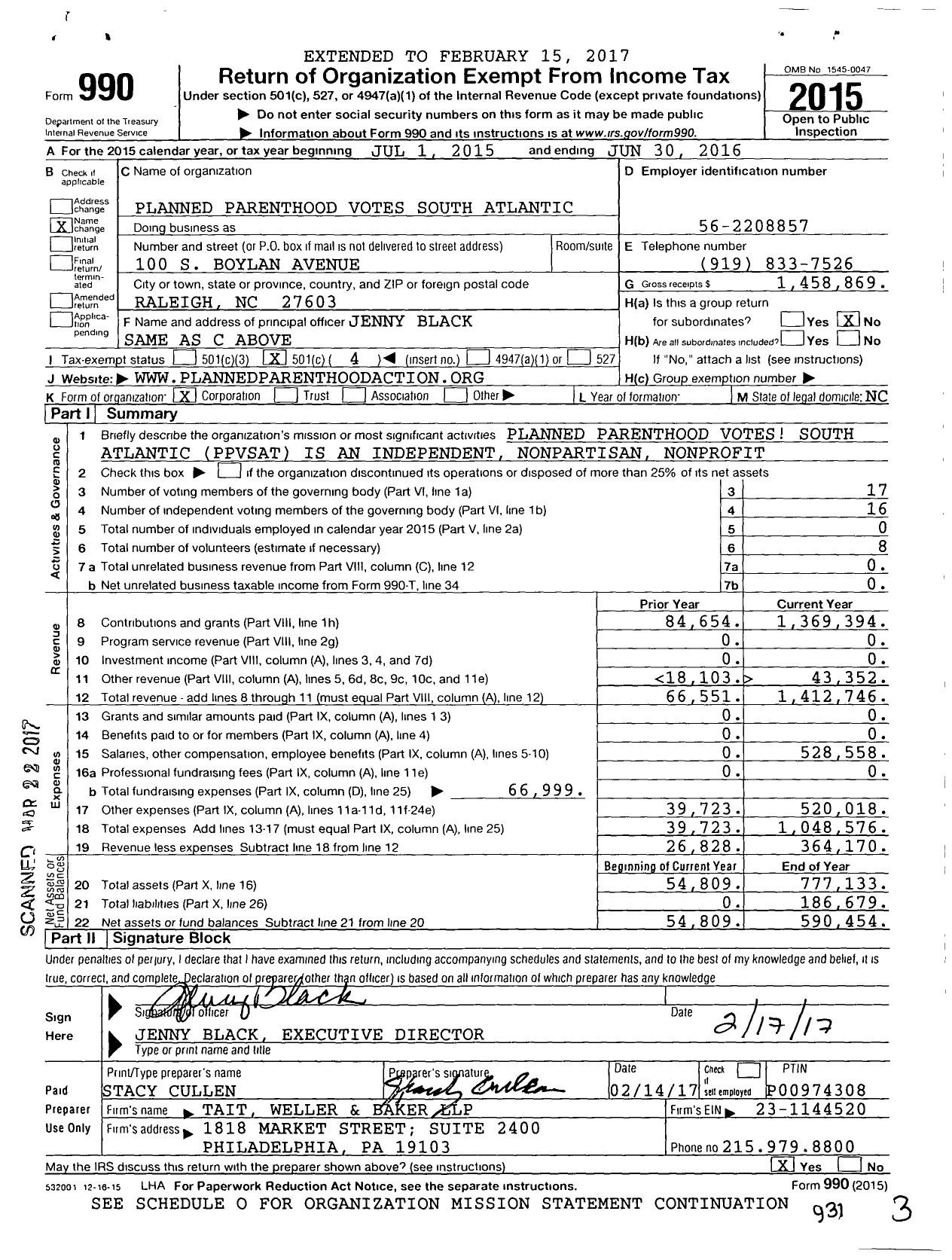 Image of first page of 2015 Form 990O for Planned Parenthood Votes South Atlantic