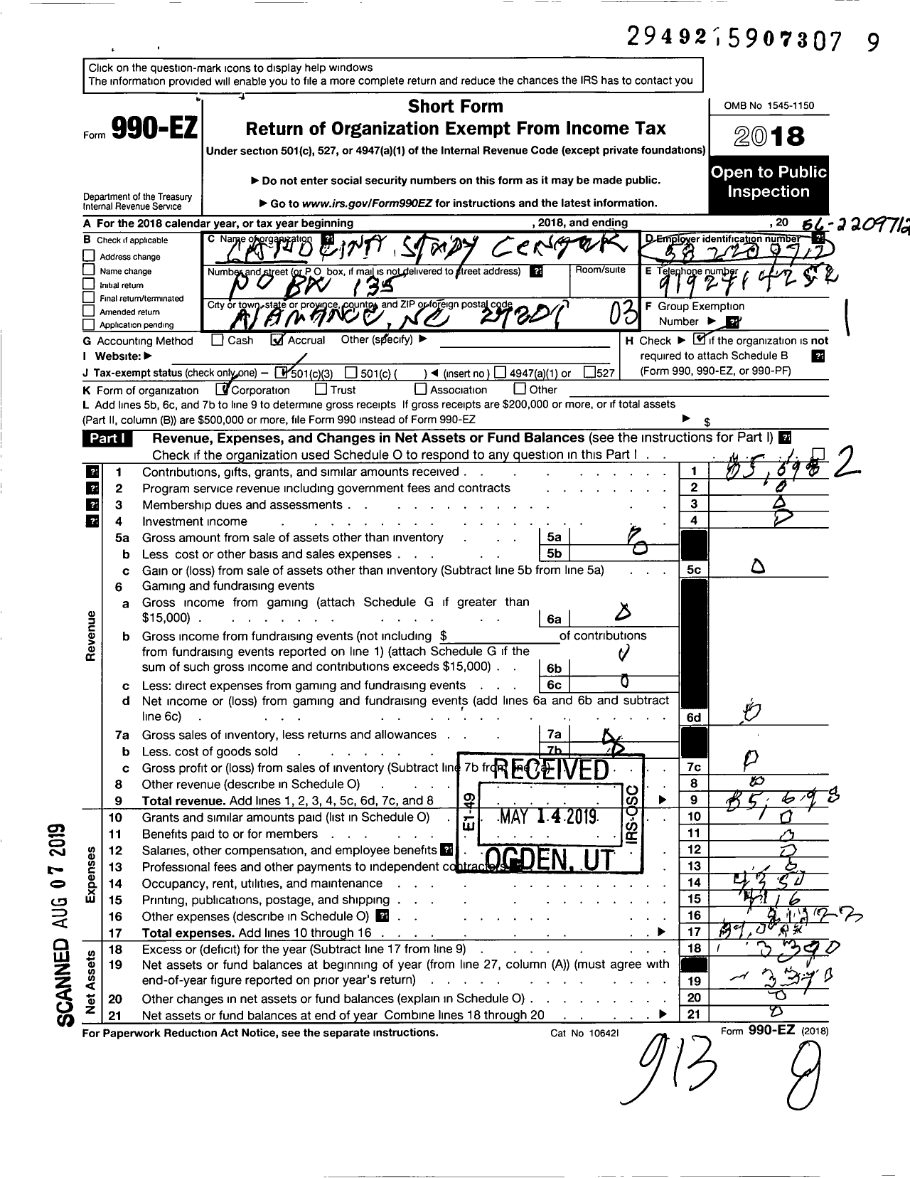 Image of first page of 2018 Form 990EZ for Carolina Study Center