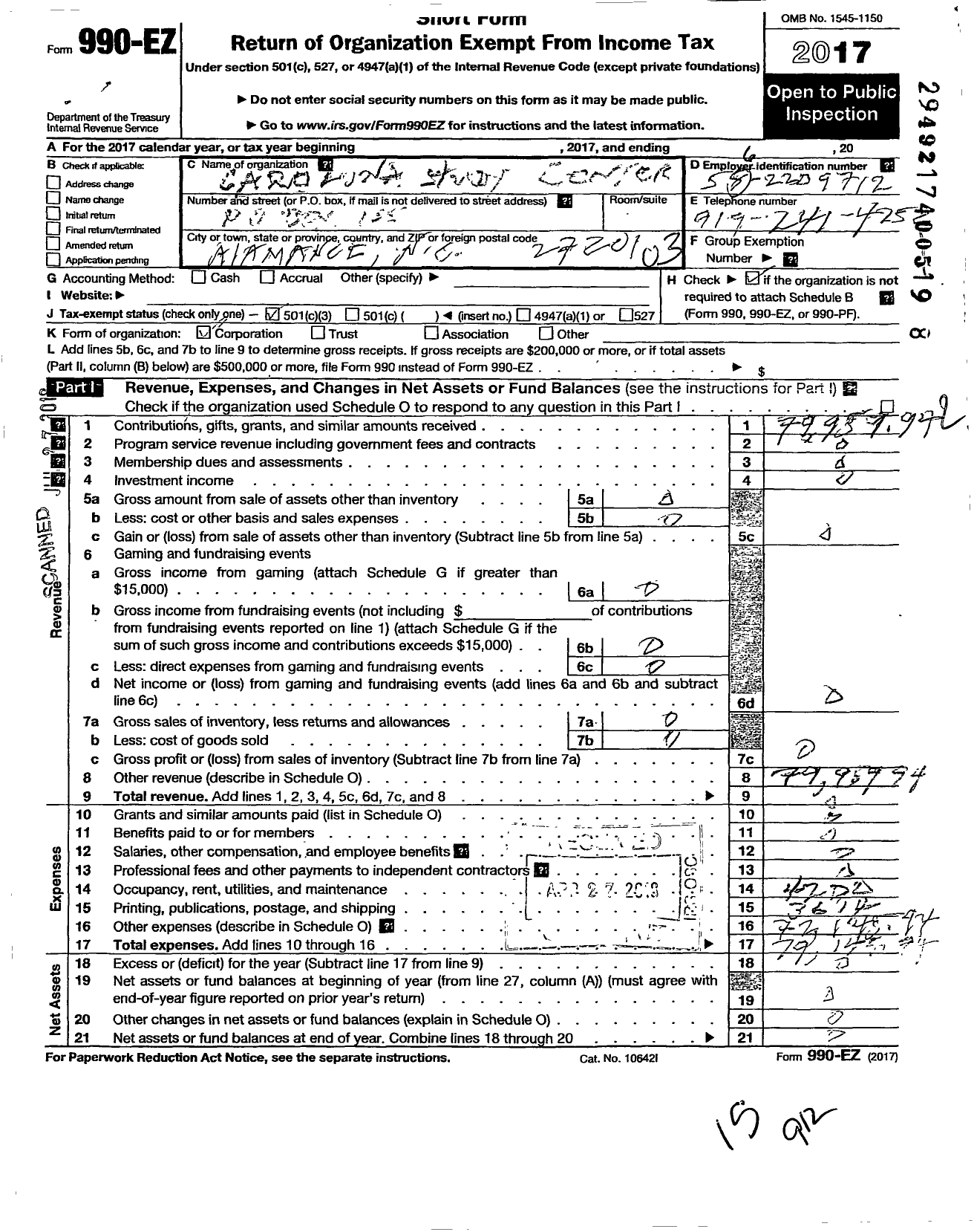 Image of first page of 2017 Form 990EZ for Carolina Study Center