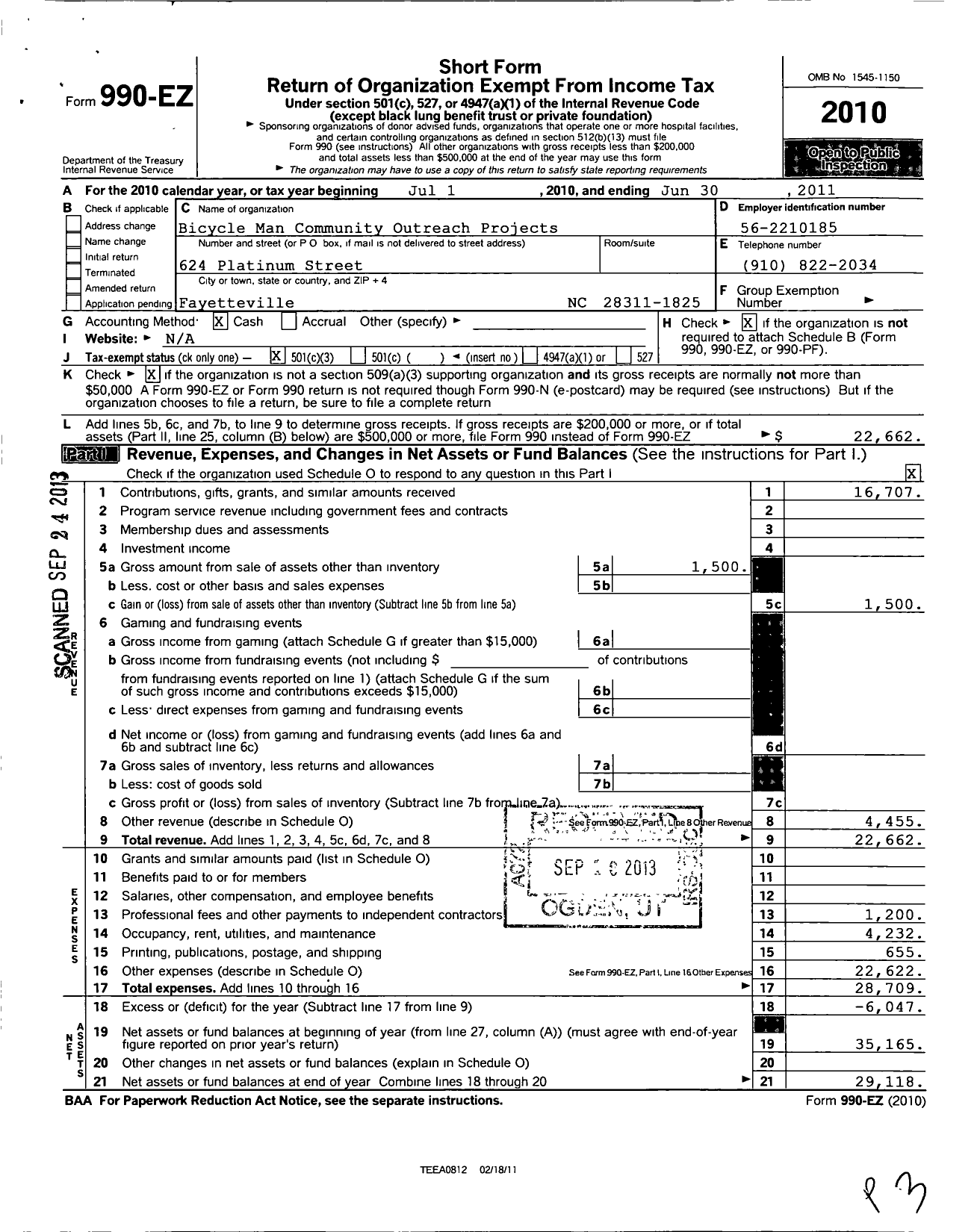 Image of first page of 2010 Form 990EZ for Bicycle Man Community Outreach Projects