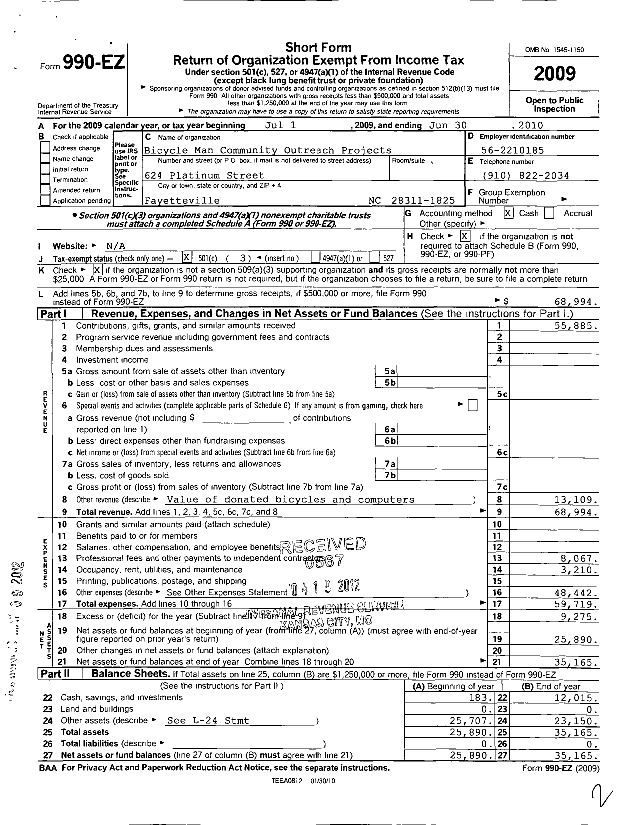 Image of first page of 2009 Form 990EZ for Bicycle Man Community Outreach Projects