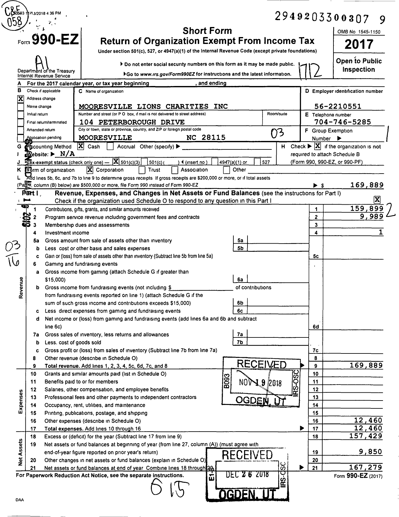 Image of first page of 2017 Form 990EZ for Mooresville Lions Charities