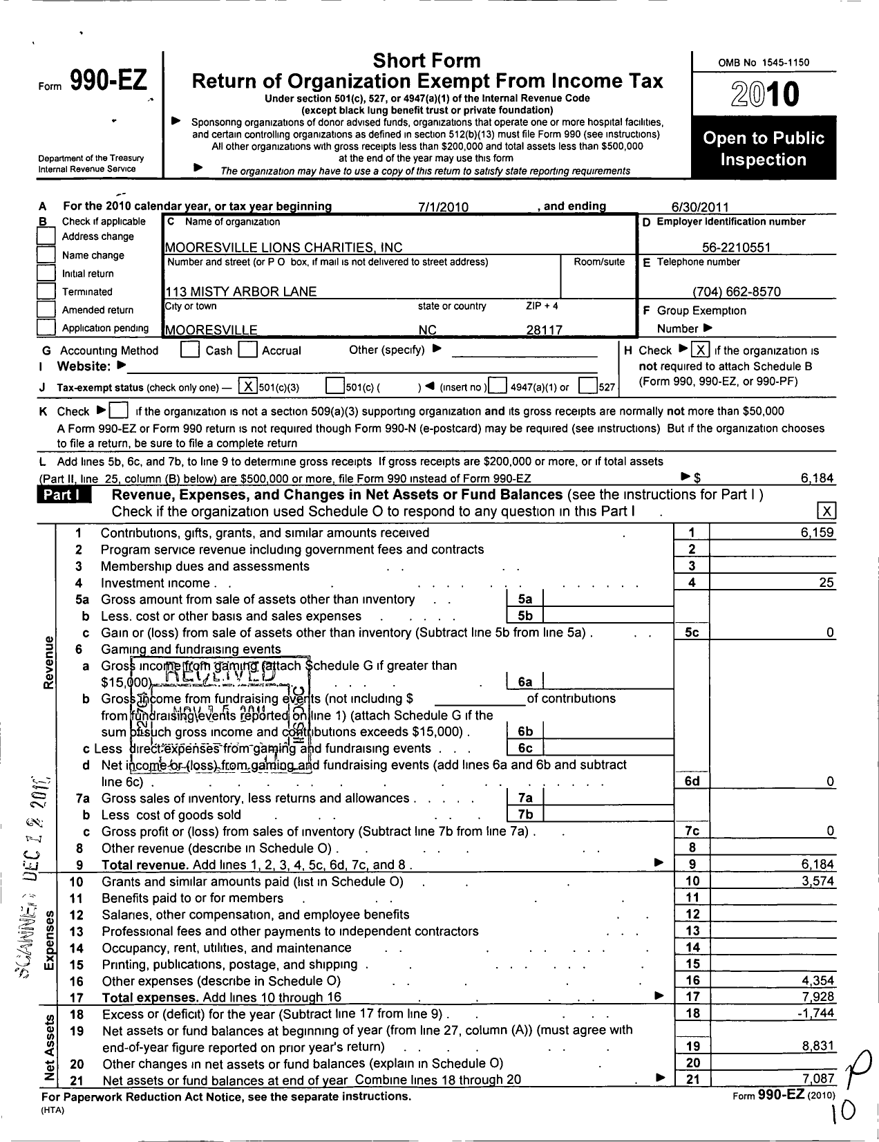 Image of first page of 2010 Form 990EZ for Mooresville Lions Charities