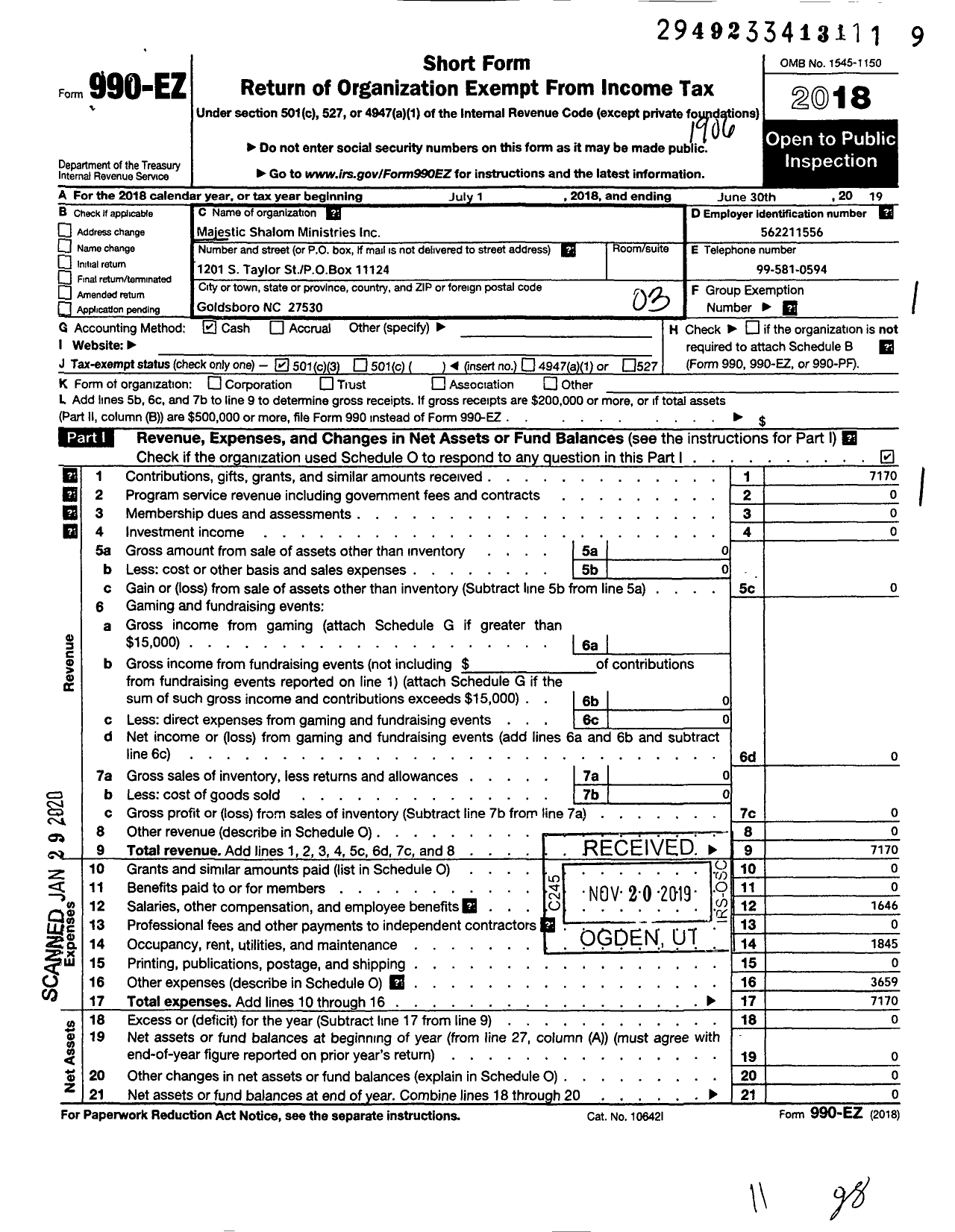 Image of first page of 2018 Form 990EZ for Majestic Shalom Ministries