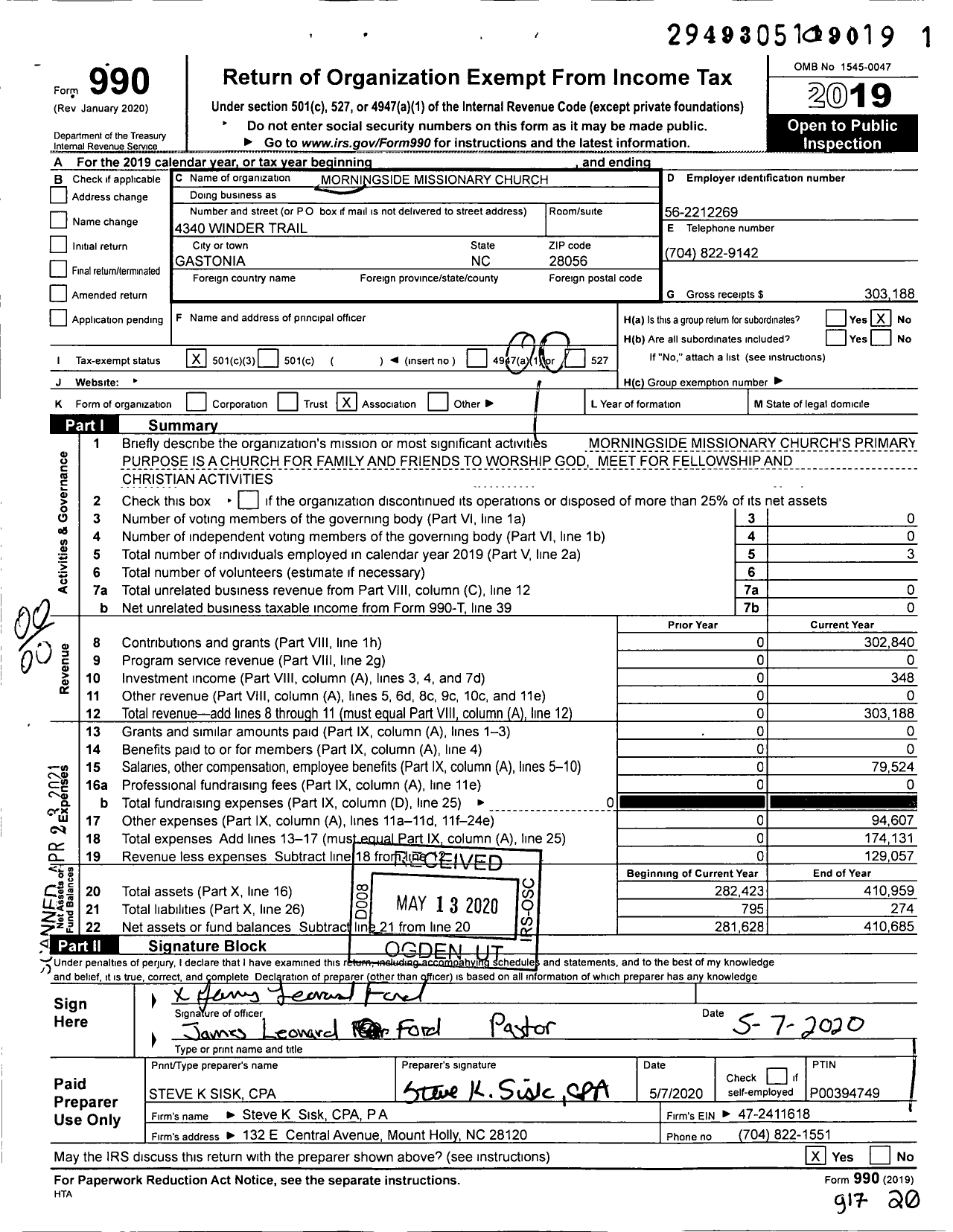 Image of first page of 2019 Form 990O for Morningside Missionary Church