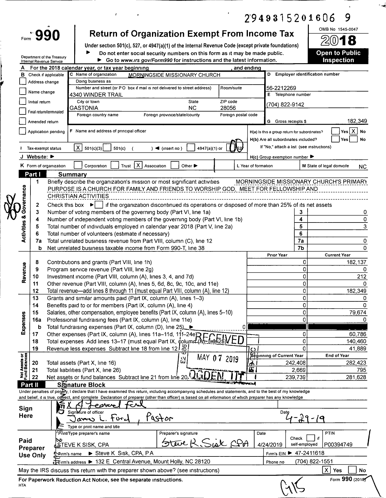 Image of first page of 2018 Form 990O for Morningside Missionary Church