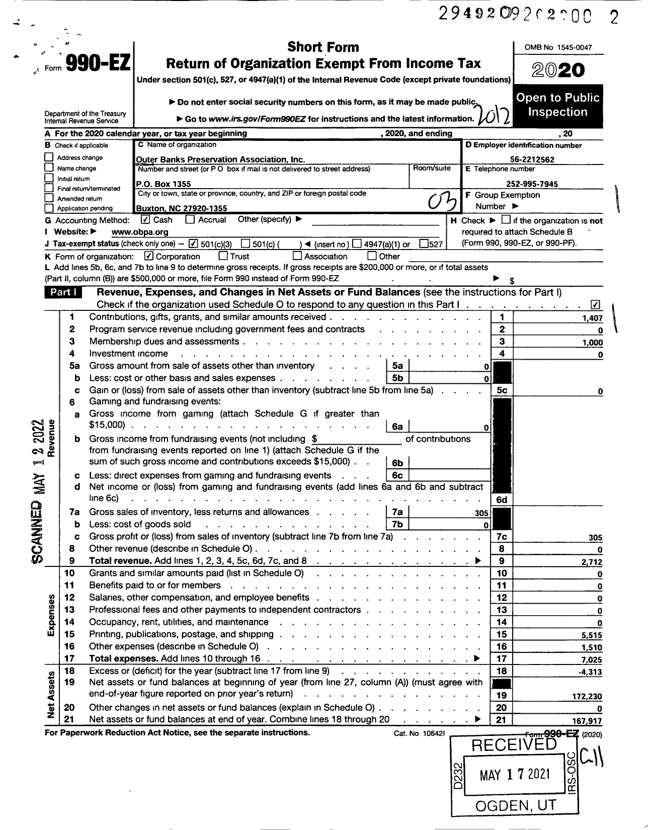 Image of first page of 2020 Form 990EZ for Outer Banks Preservation Association