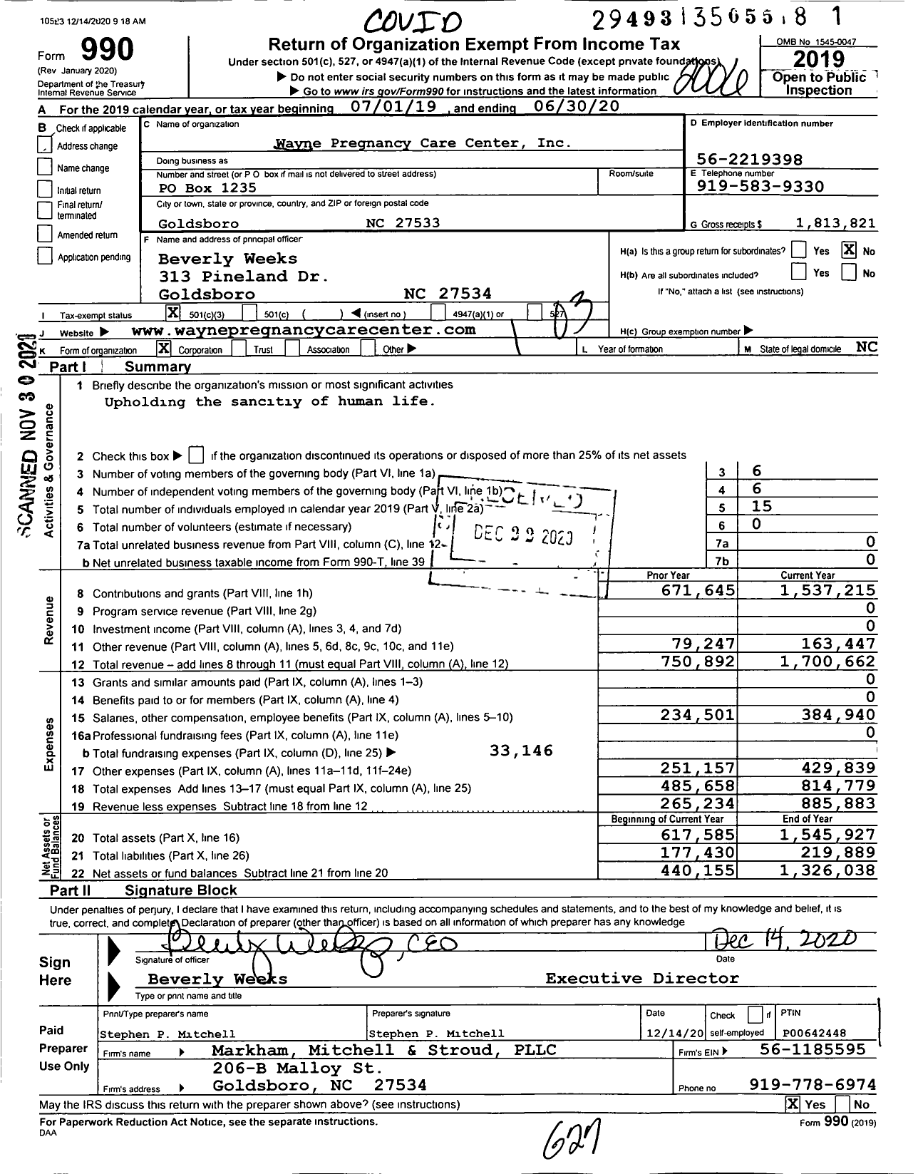 Image of first page of 2019 Form 990 for Wayne Pregnancy Care Center