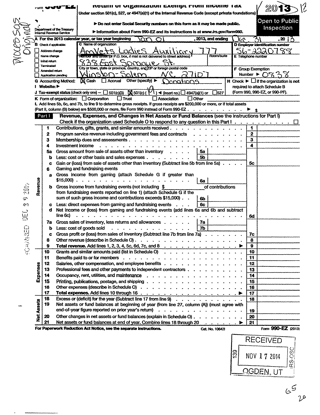 Image of first page of 2013 Form 990EO for Amvets - 777 Ladies Auxiliary