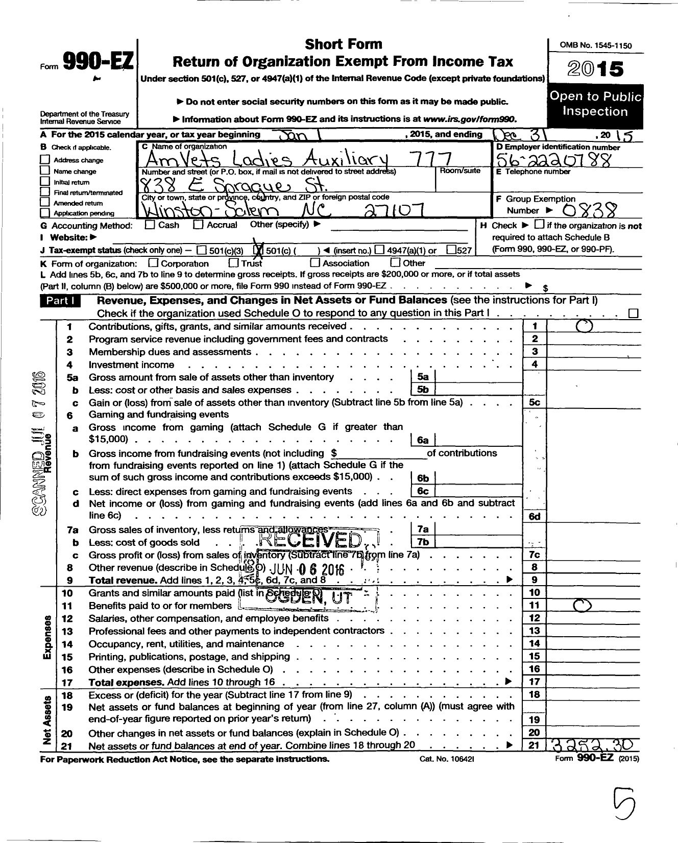 Image of first page of 2015 Form 990EO for Amvets - 777 Ladies Auxiliary