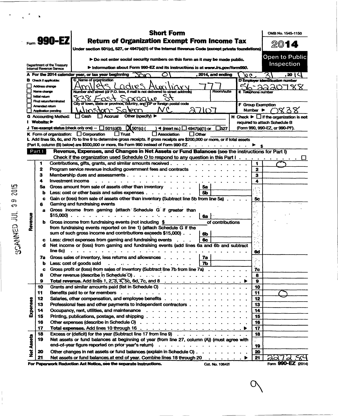 Image of first page of 2014 Form 990EO for Amvets - 777 Ladies Auxiliary