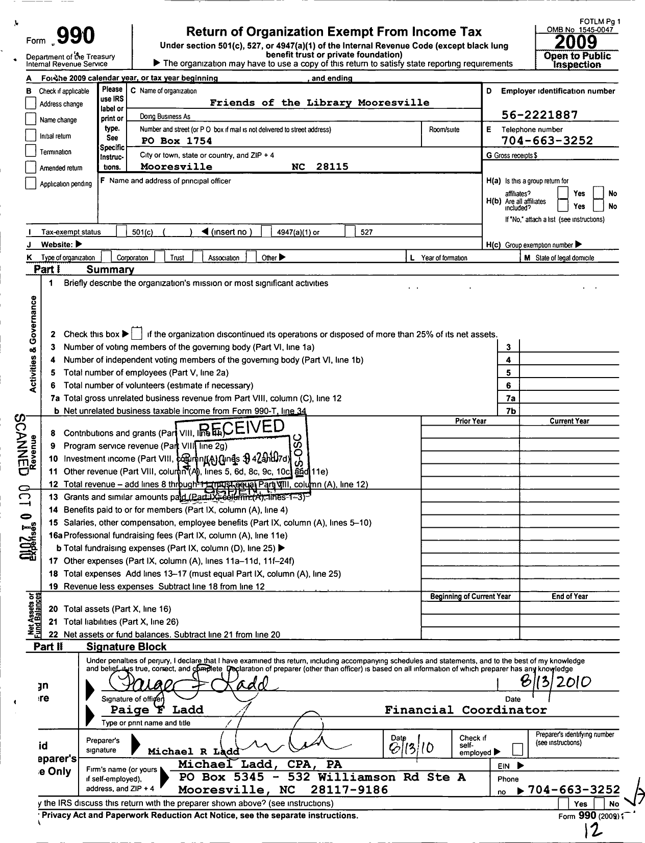 Image of first page of 2009 Form 990O for Friends of the Library Mooresville