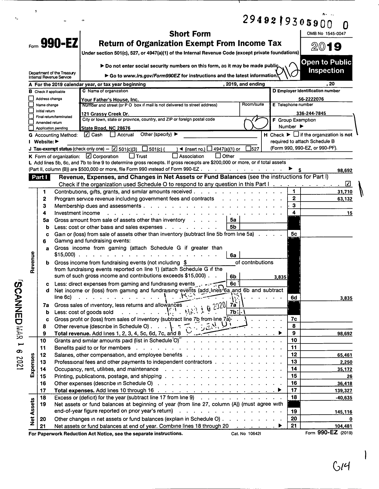 Image of first page of 2019 Form 990EZ for Your Fathers House