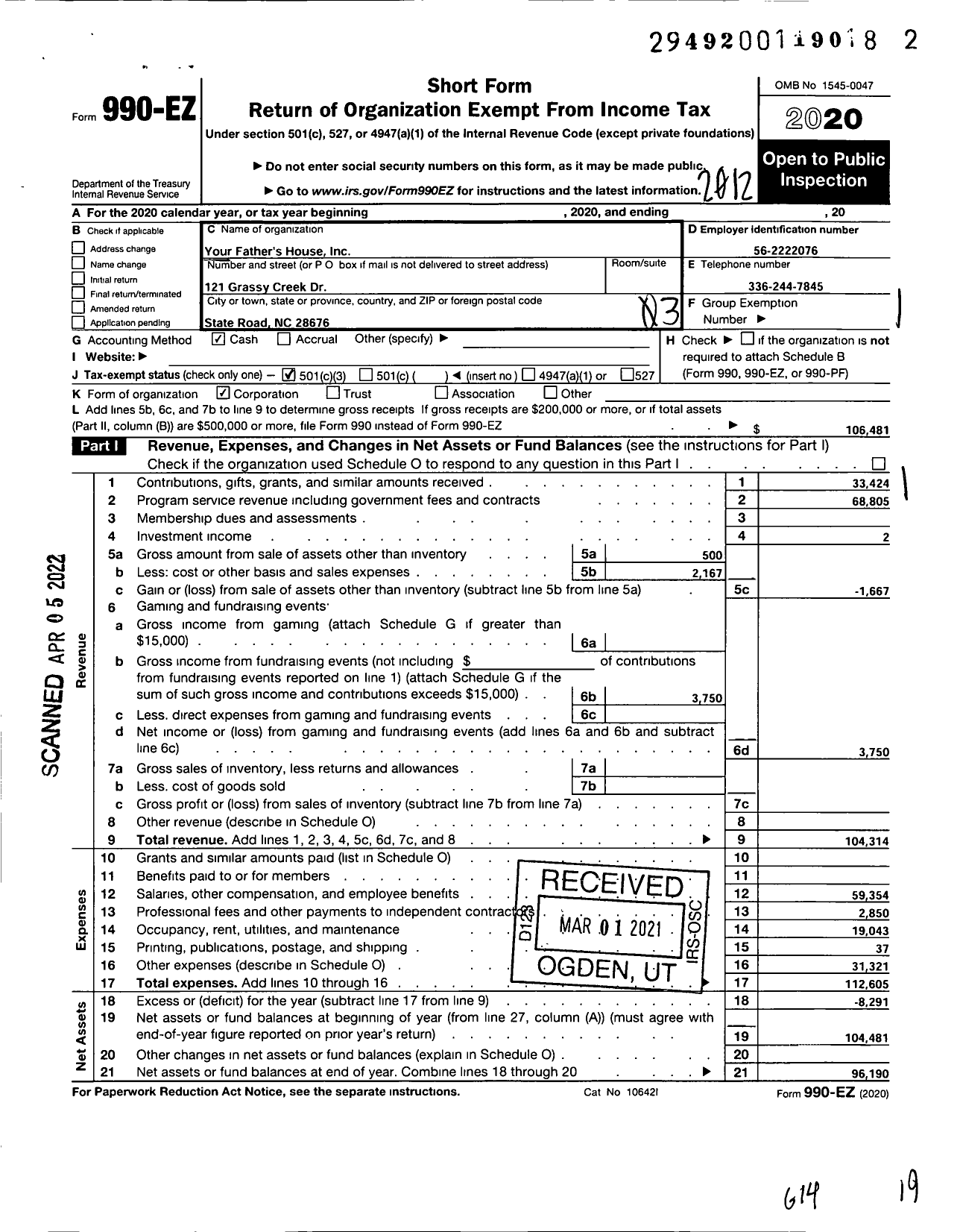 Image of first page of 2020 Form 990EZ for Your Fathers House