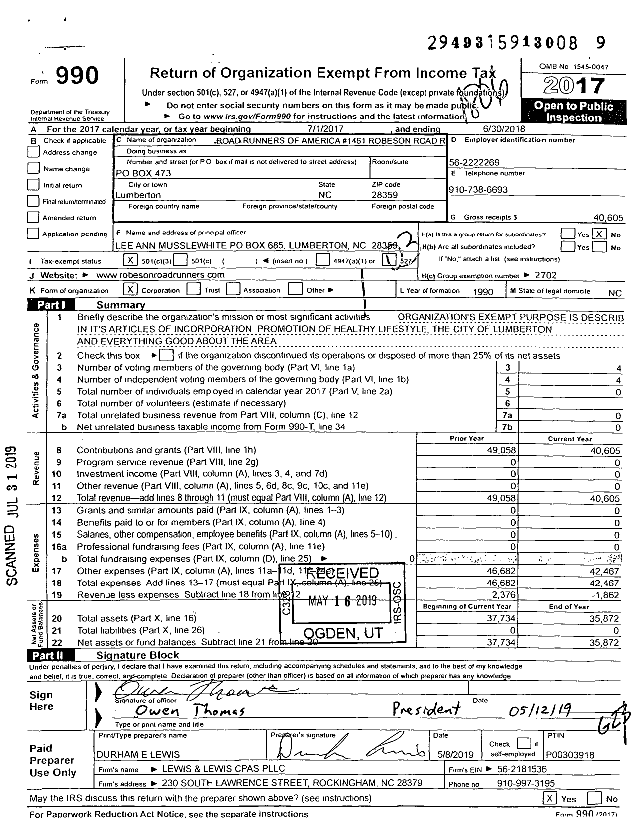 Image of first page of 2017 Form 990 for Road Runners Club of America 1461 Robeson Road Runners