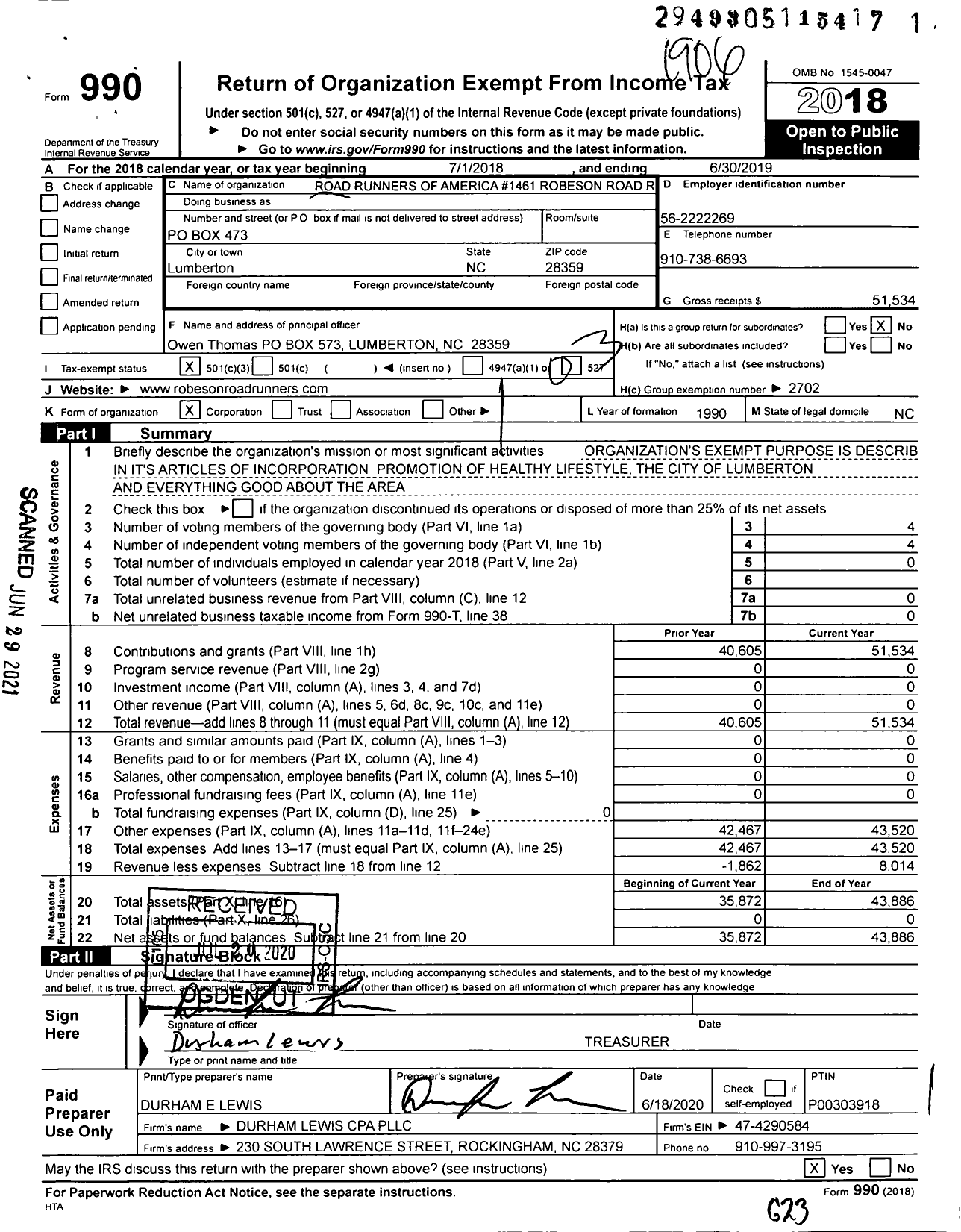 Image of first page of 2018 Form 990 for Road Runners Club of America 1461 Robeson Road Runners