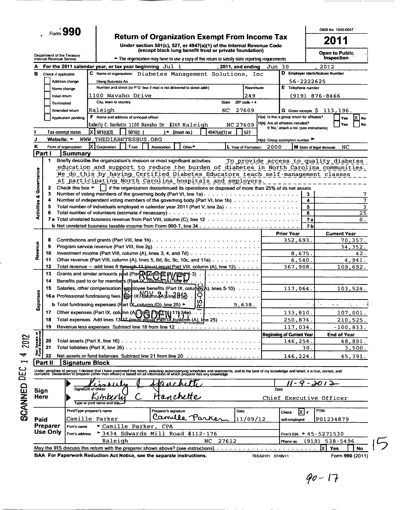 Image of first page of 2011 Form 990 for Diabetes Management Solutions