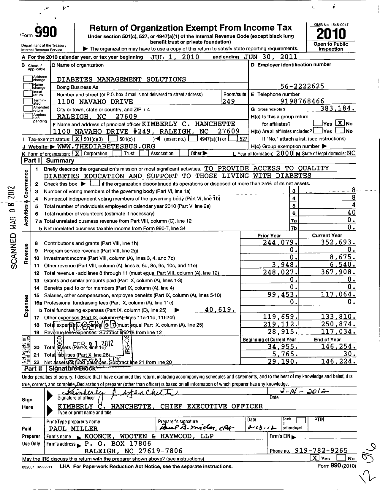 Image of first page of 2010 Form 990 for Diabetes Management Solutions