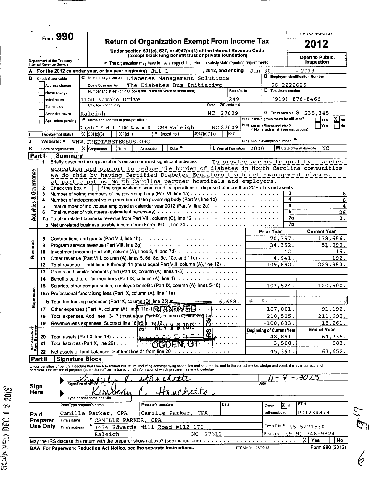 Image of first page of 2012 Form 990 for Diabetes Management Solutions