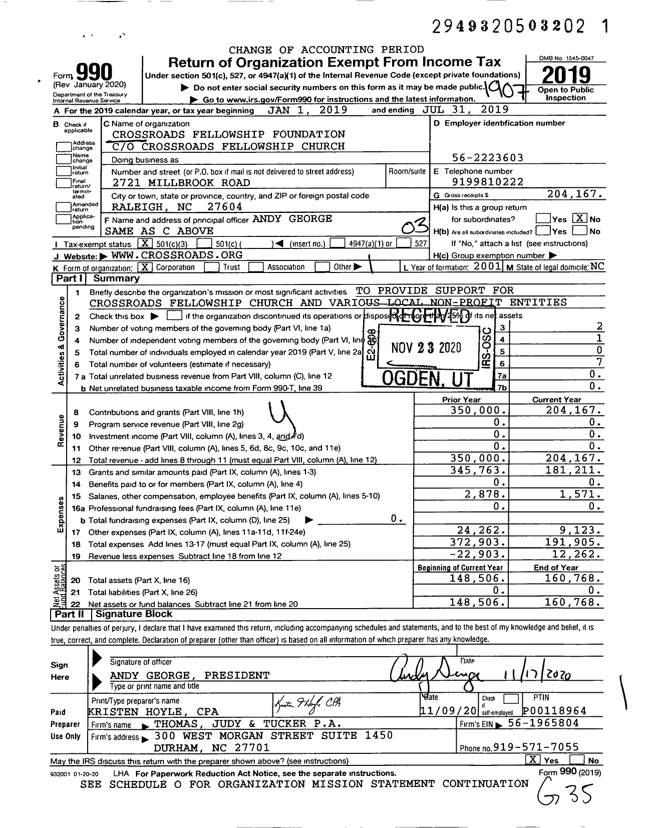 Image of first page of 2018 Form 990 for Crossroads Fellowship Foundation