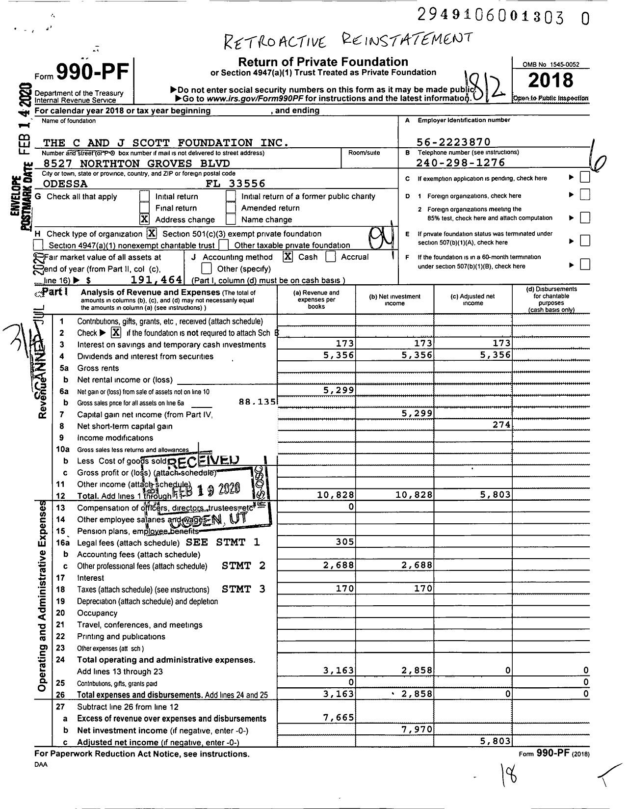 Image of first page of 2018 Form 990PR for The C and J Scott Foundation