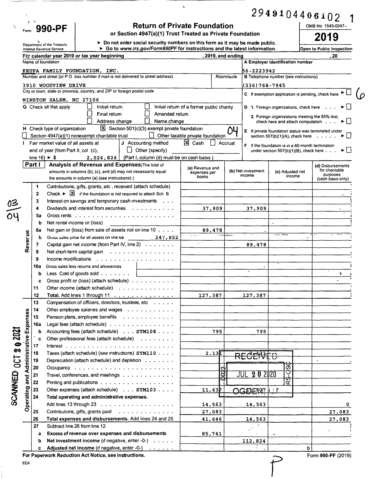 Image of first page of 2019 Form 990PF for Krupa Family Foundation