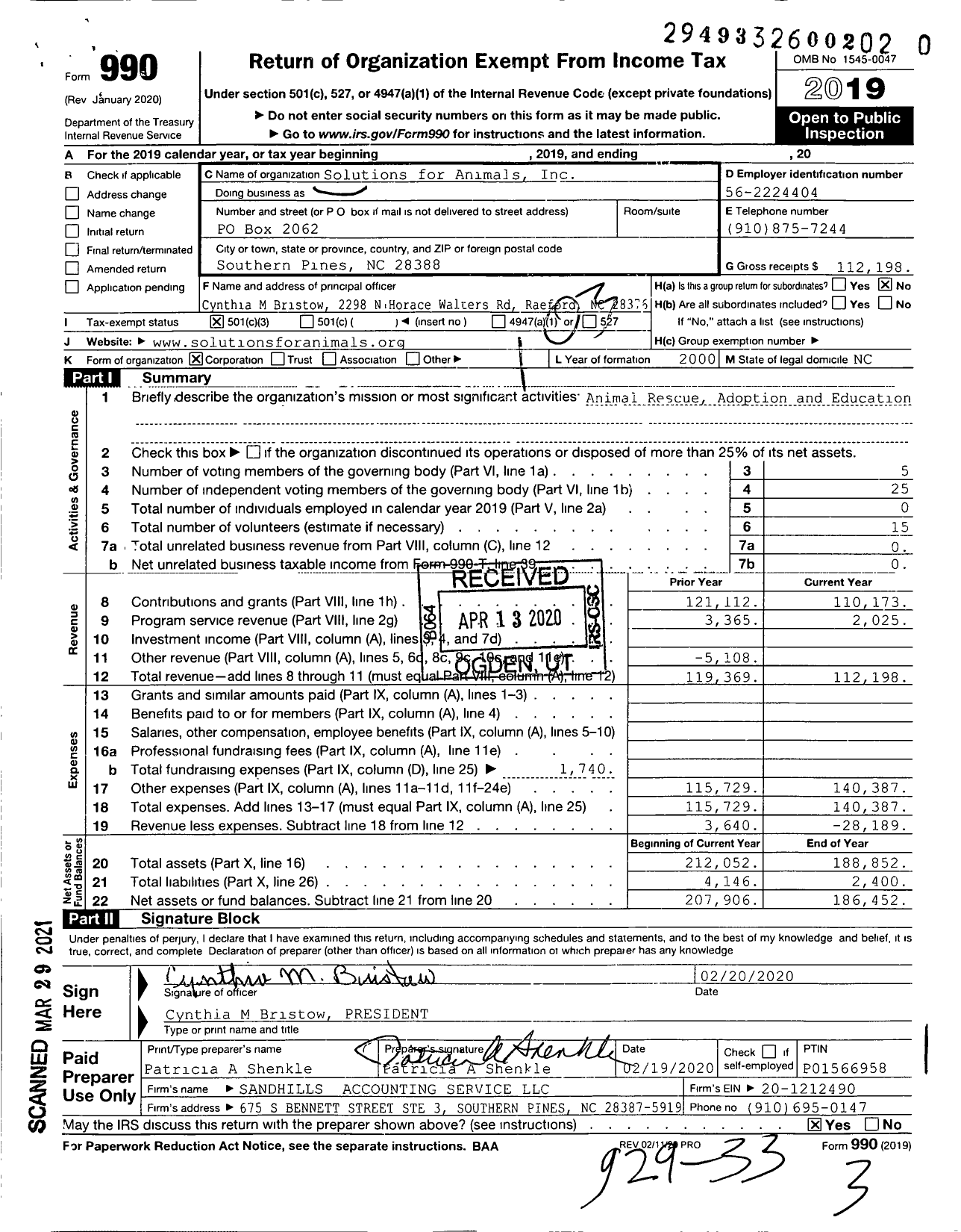 Image of first page of 2019 Form 990 for Solutions for Animals