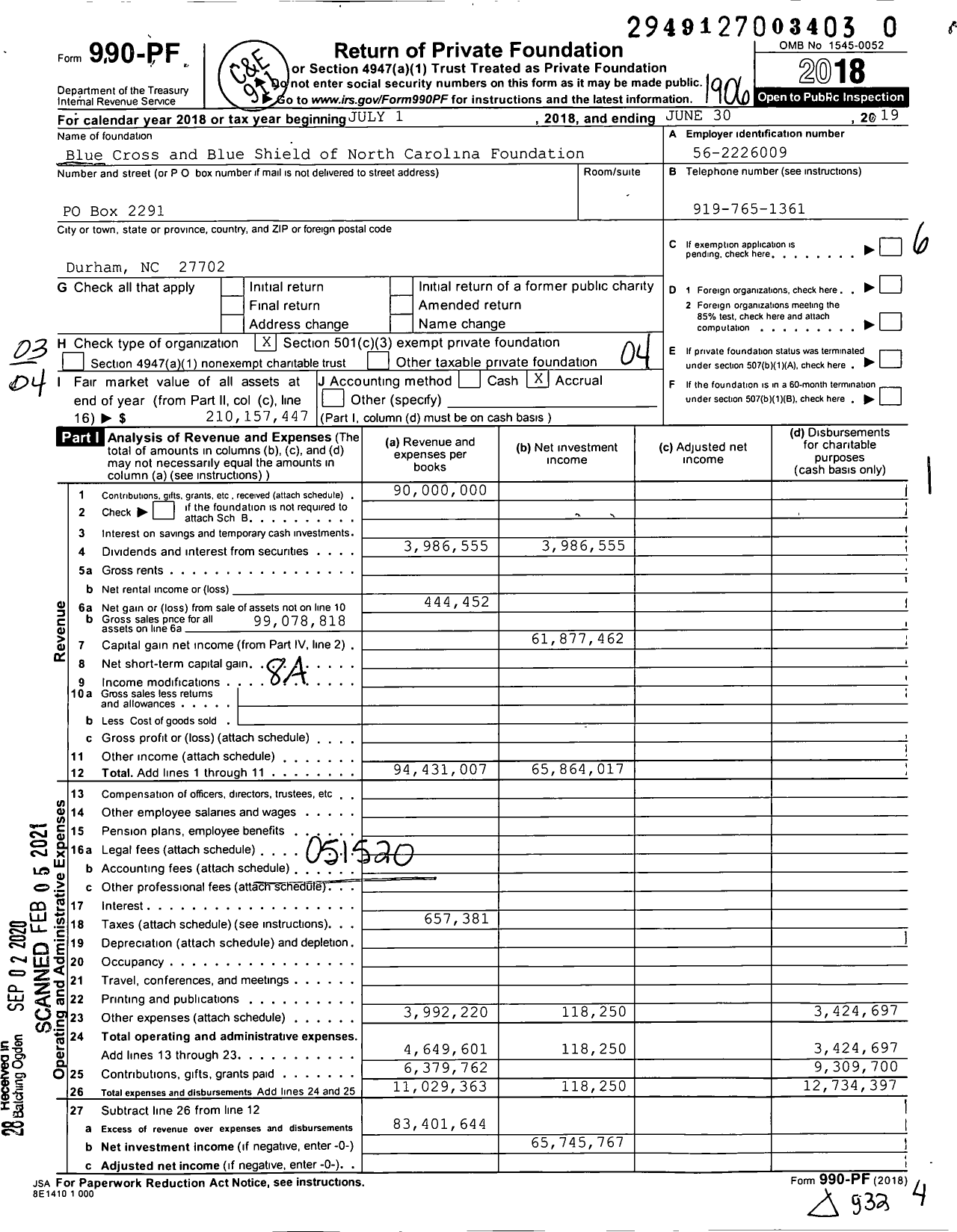 Image of first page of 2018 Form 990PF for Blue Cross and Blue Shield of NC Foundation