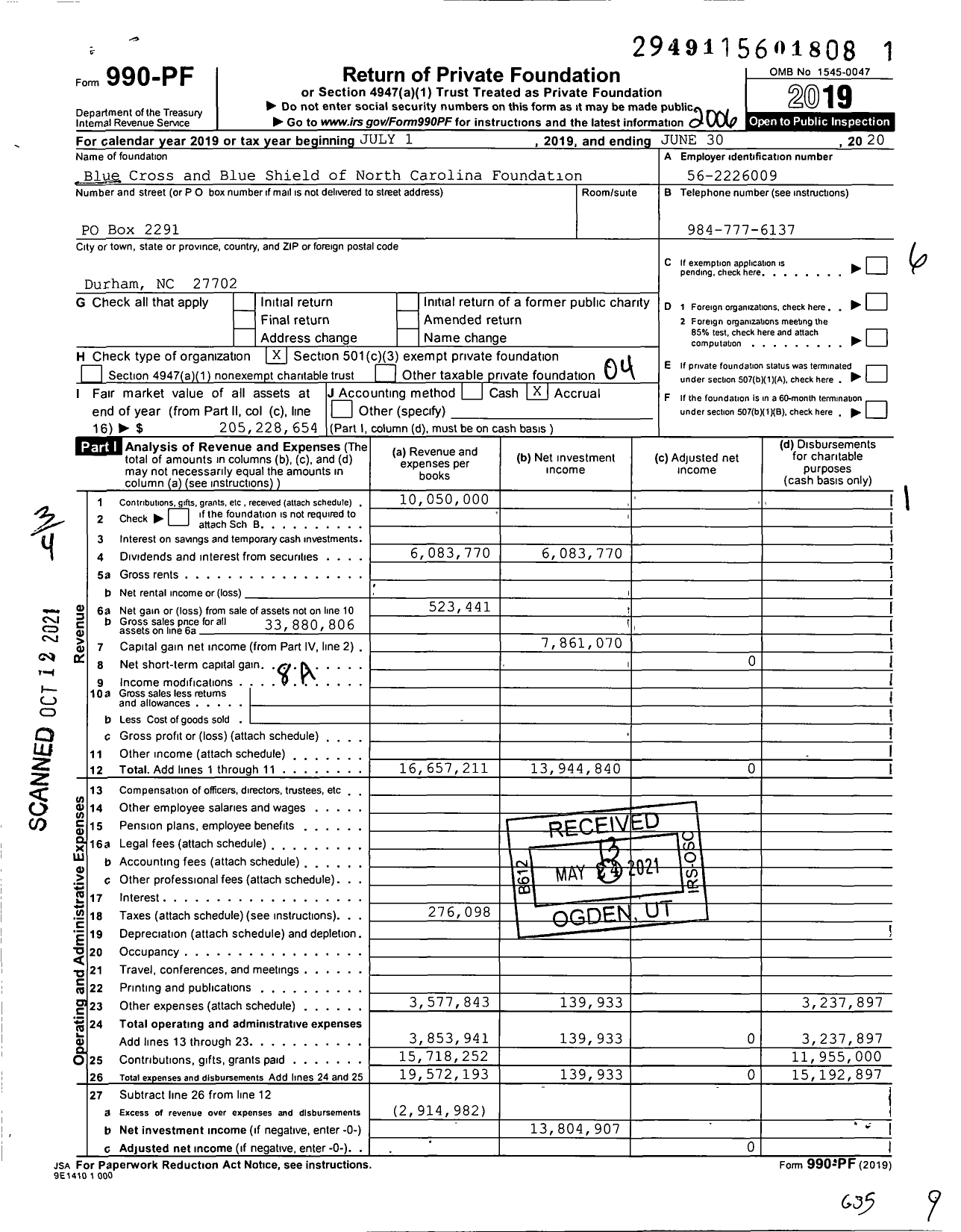 Image of first page of 2019 Form 990PF for Blue Cross and Blue Shield of NC Foundation