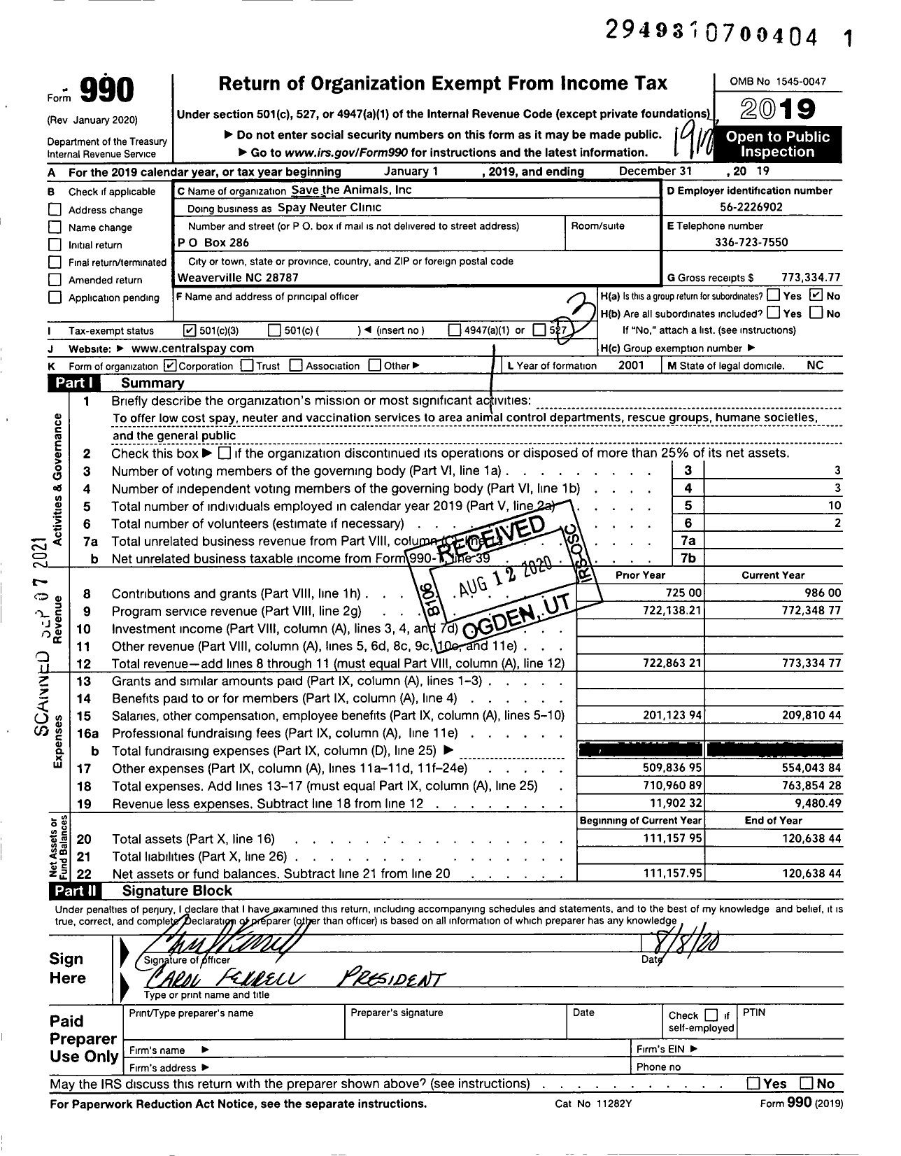 Image of first page of 2019 Form 990 for Spay Neuter Clinic