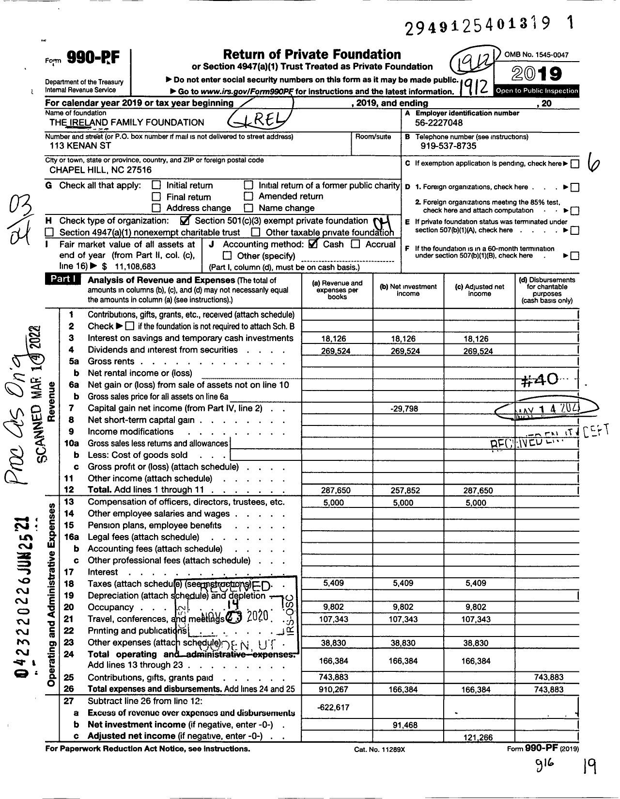 Image of first page of 2019 Form 990PF for The Ireland Family Foundation