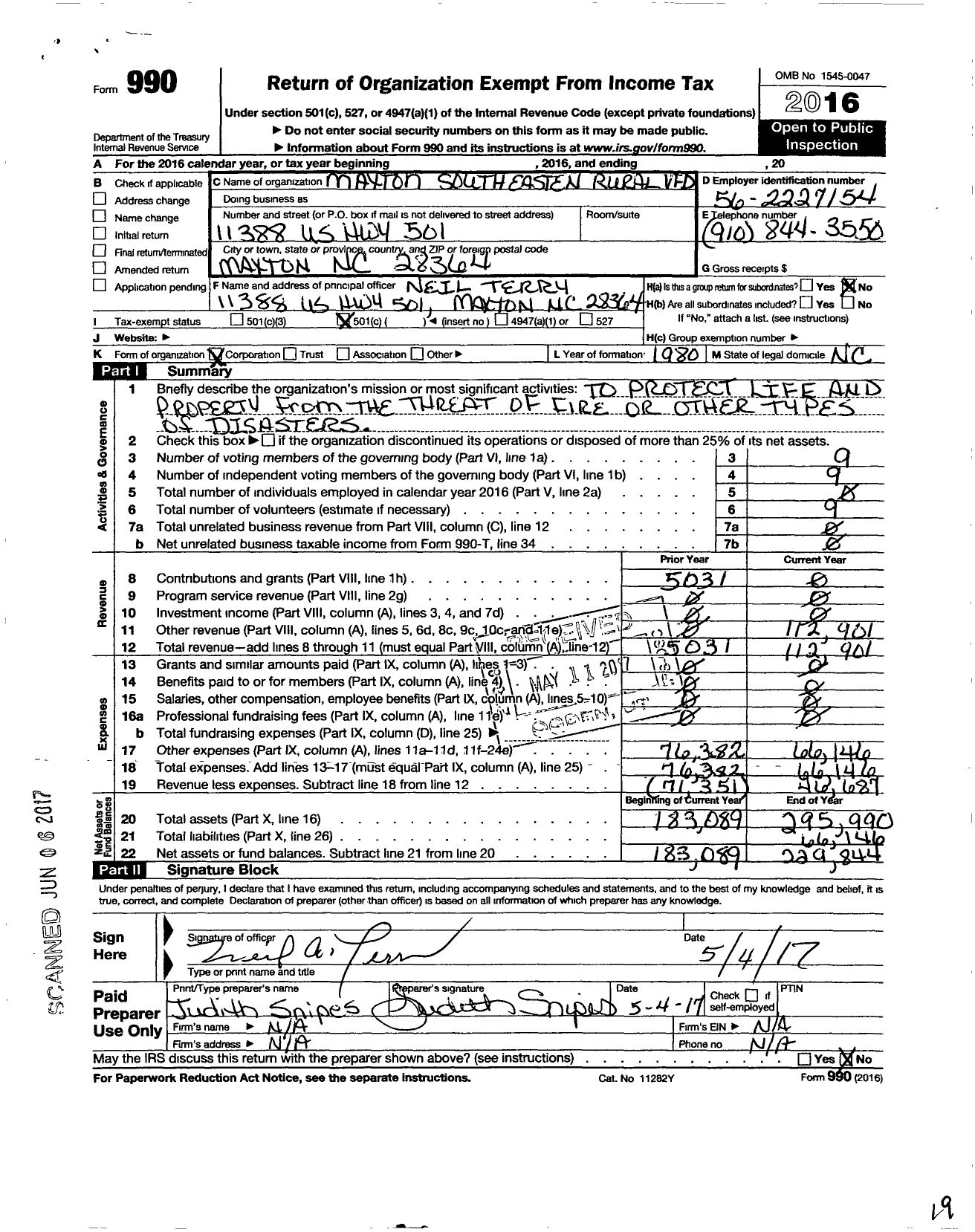 Image of first page of 2016 Form 990O for Maxton Southeastern Rural VFD