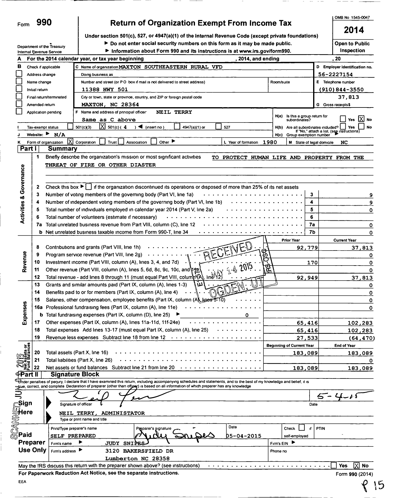 Image of first page of 2014 Form 990O for Maxton Southeastern Rural VFD