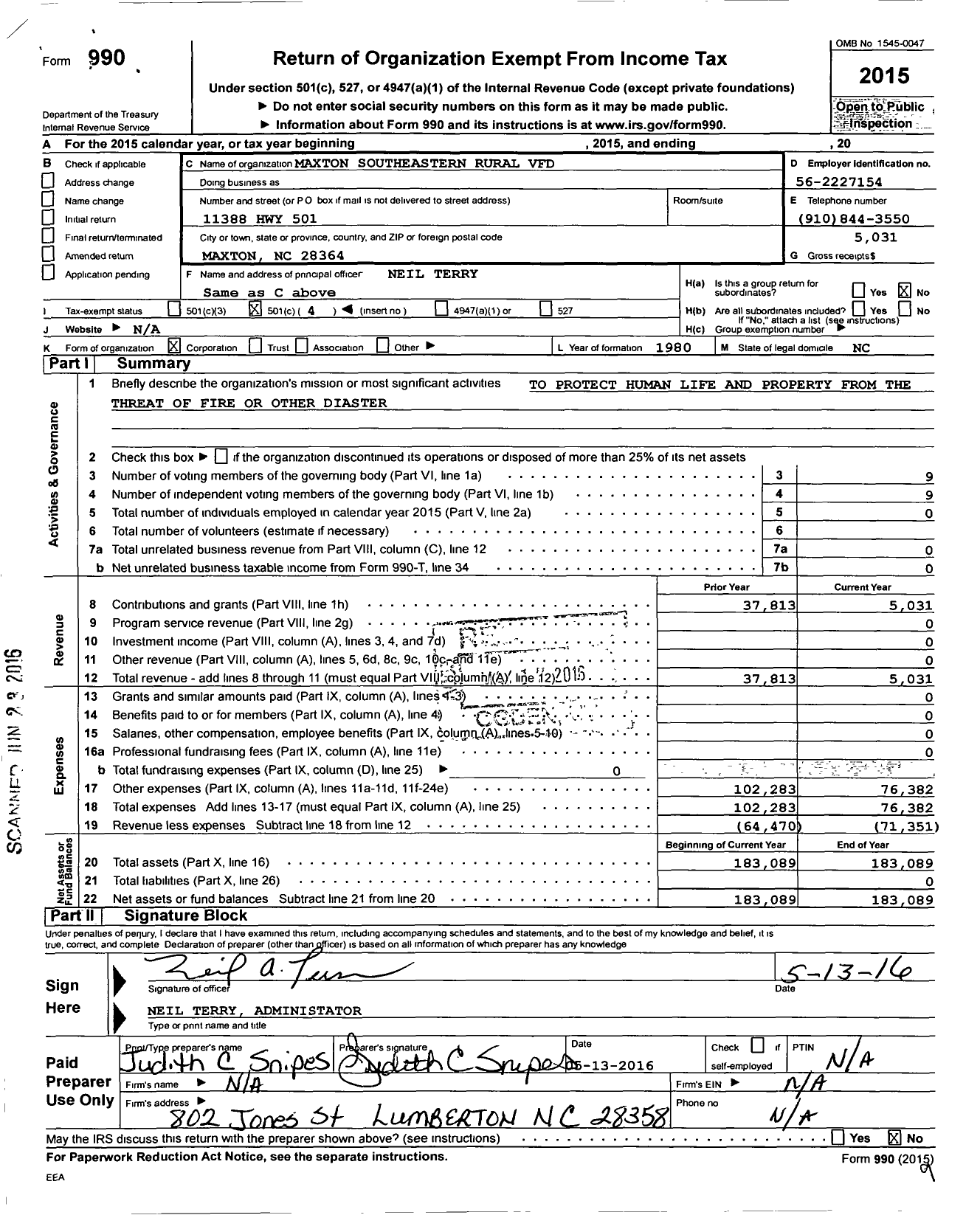 Image of first page of 2015 Form 990O for Maxton Southeastern Rural VFD