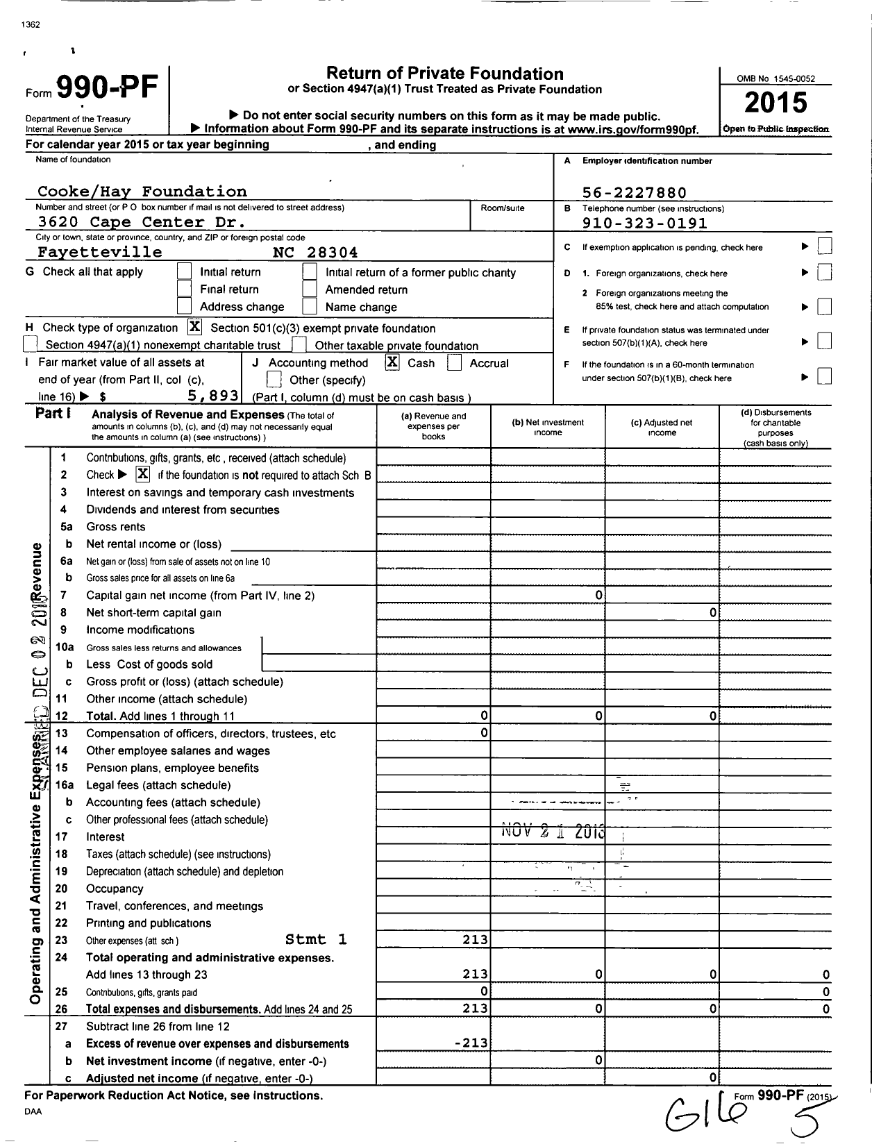 Image of first page of 2015 Form 990PF for Cooke Hay Foundation