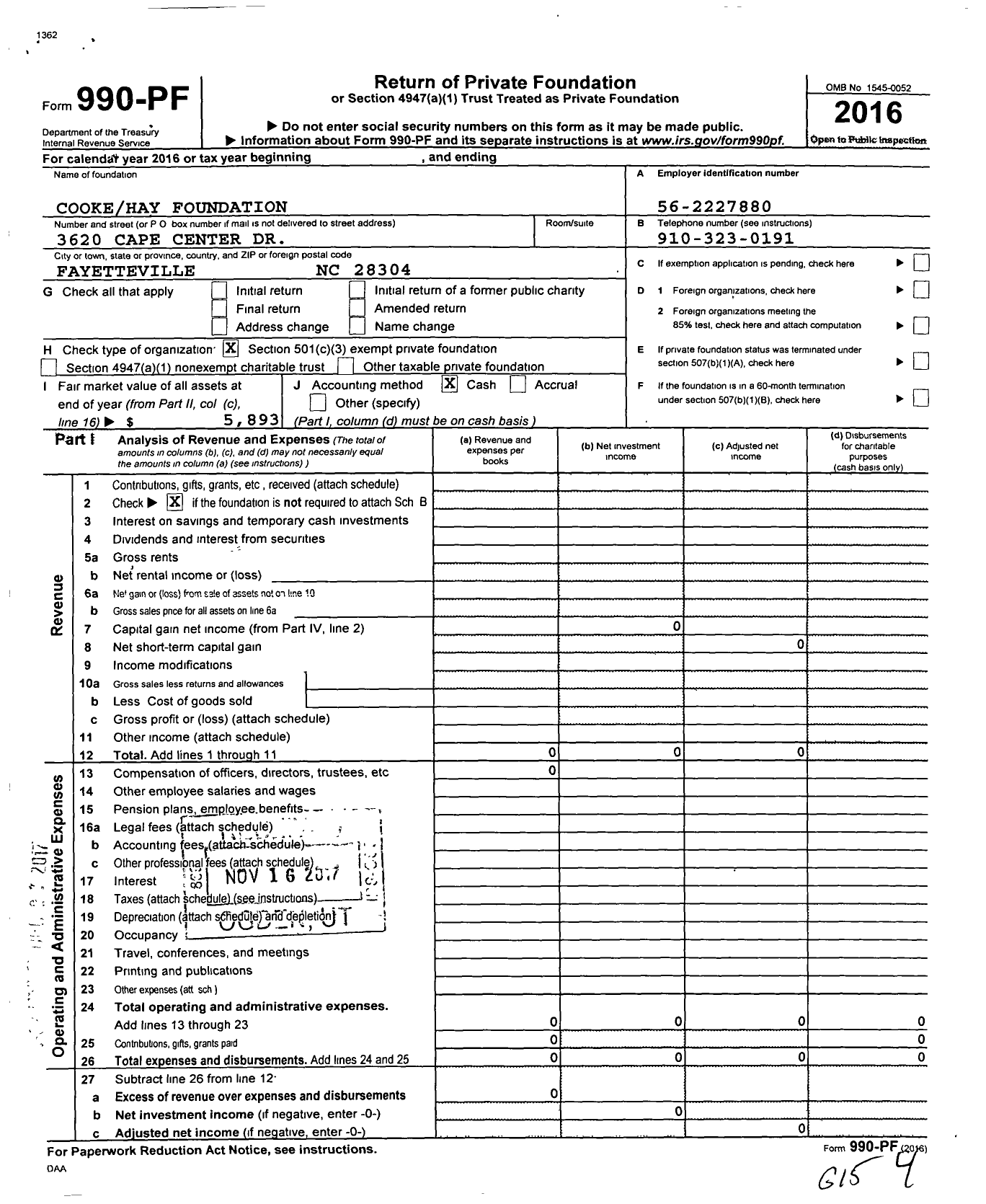 Image of first page of 2016 Form 990PF for Cooke Hay Foundation