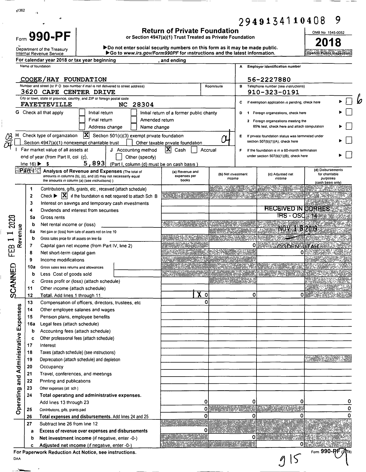 Image of first page of 2018 Form 990PF for Cooke Hay Foundation